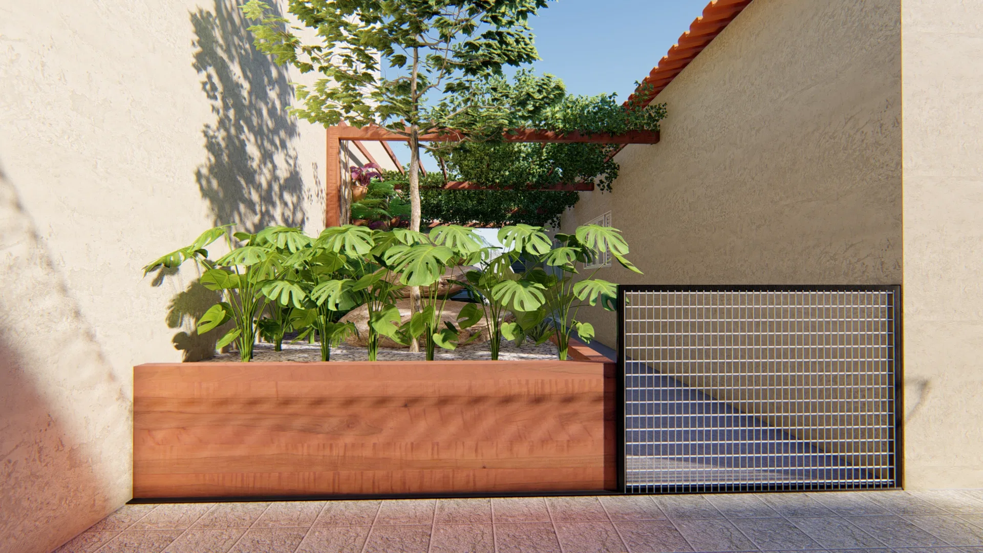 Timber planter with clumps of monstera before a pale wall, beside a metal-mesh gate descending to the garage.
