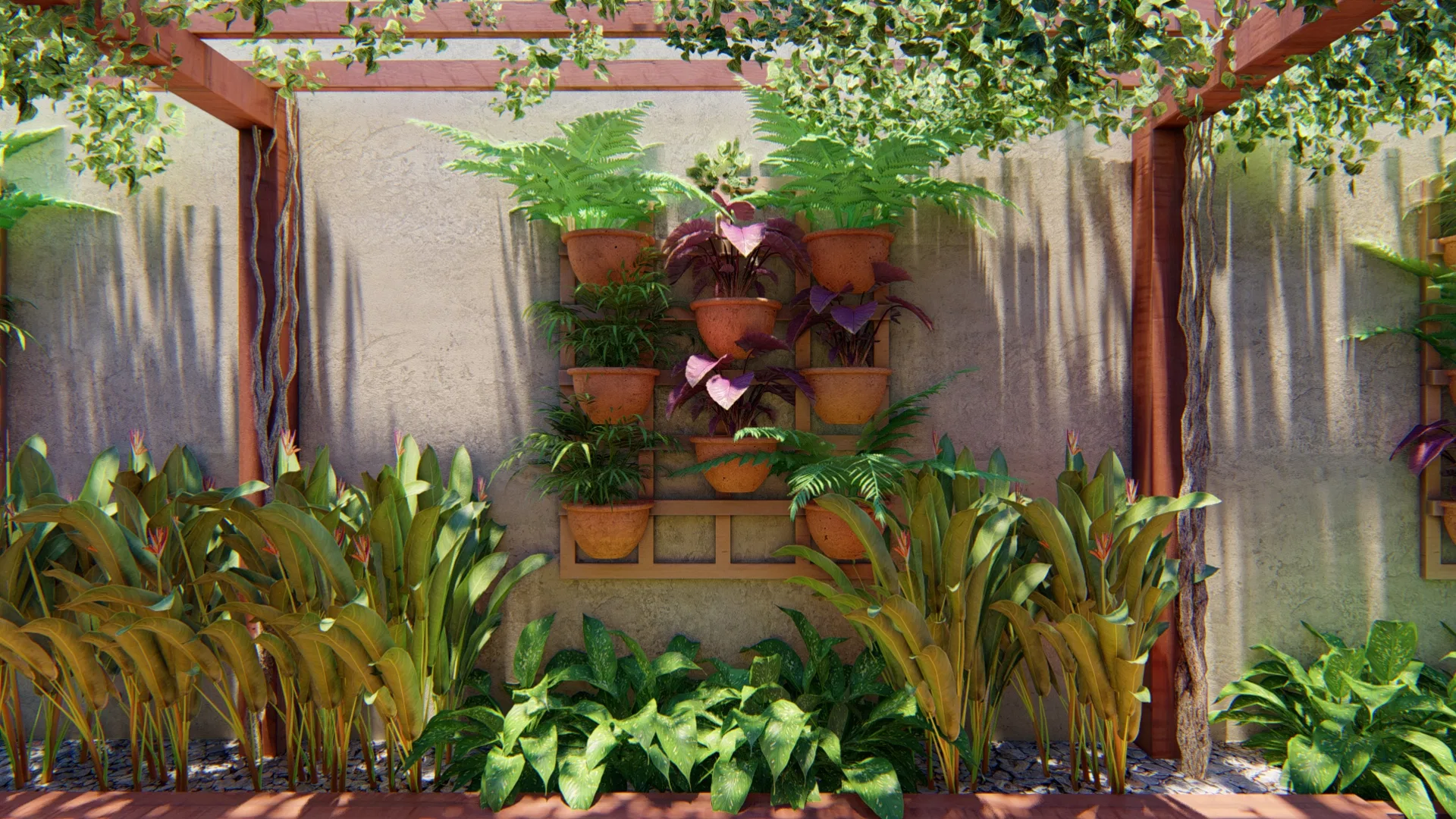 Frontal composition of terracotta pots fixed to the wall as a vertical garden, flanked by tall foliage and ground cover below.
