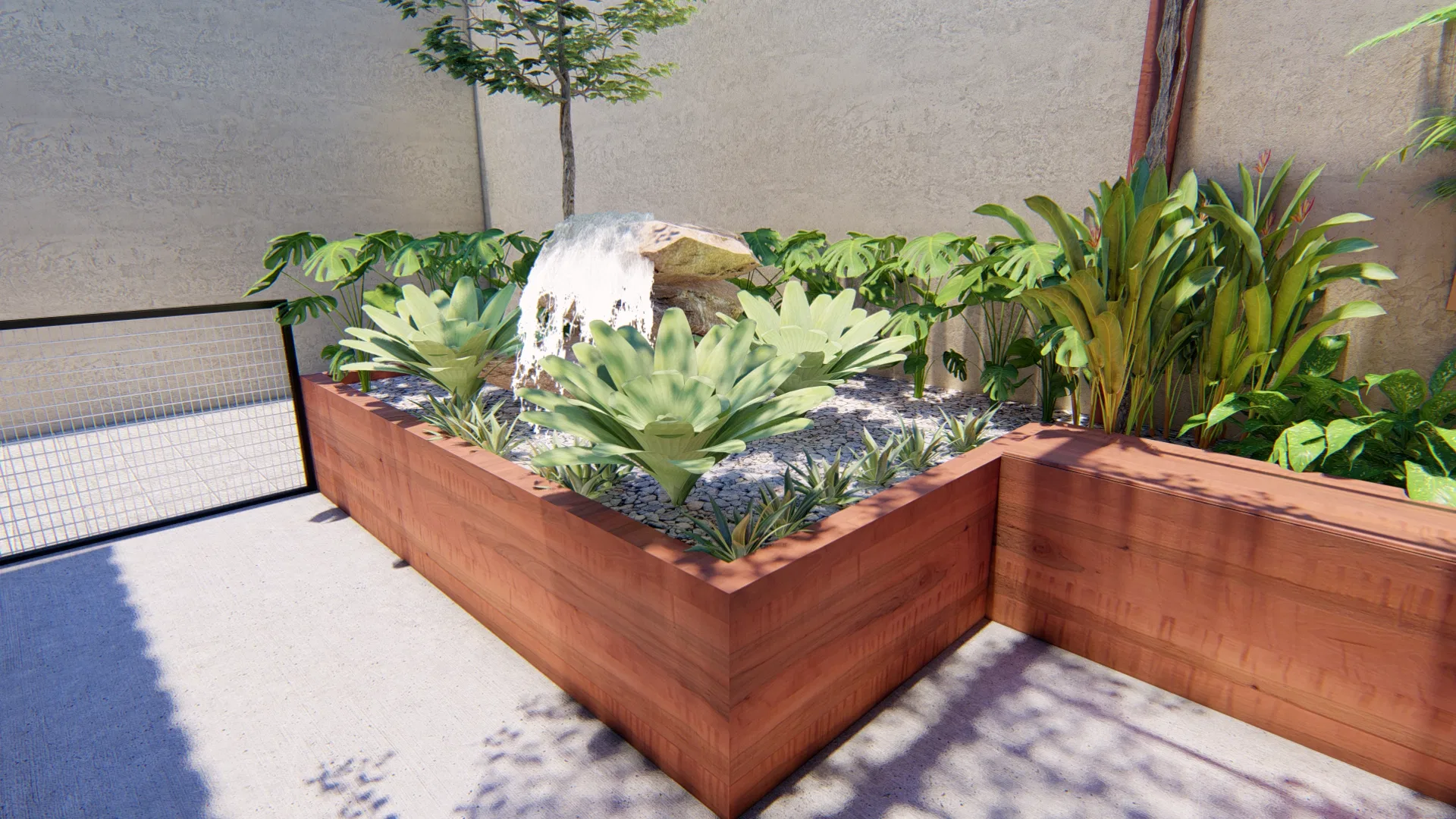 L-shaped timber planters hold succulents and a stone fountain behind, with tropical foliage beside the metal fence.