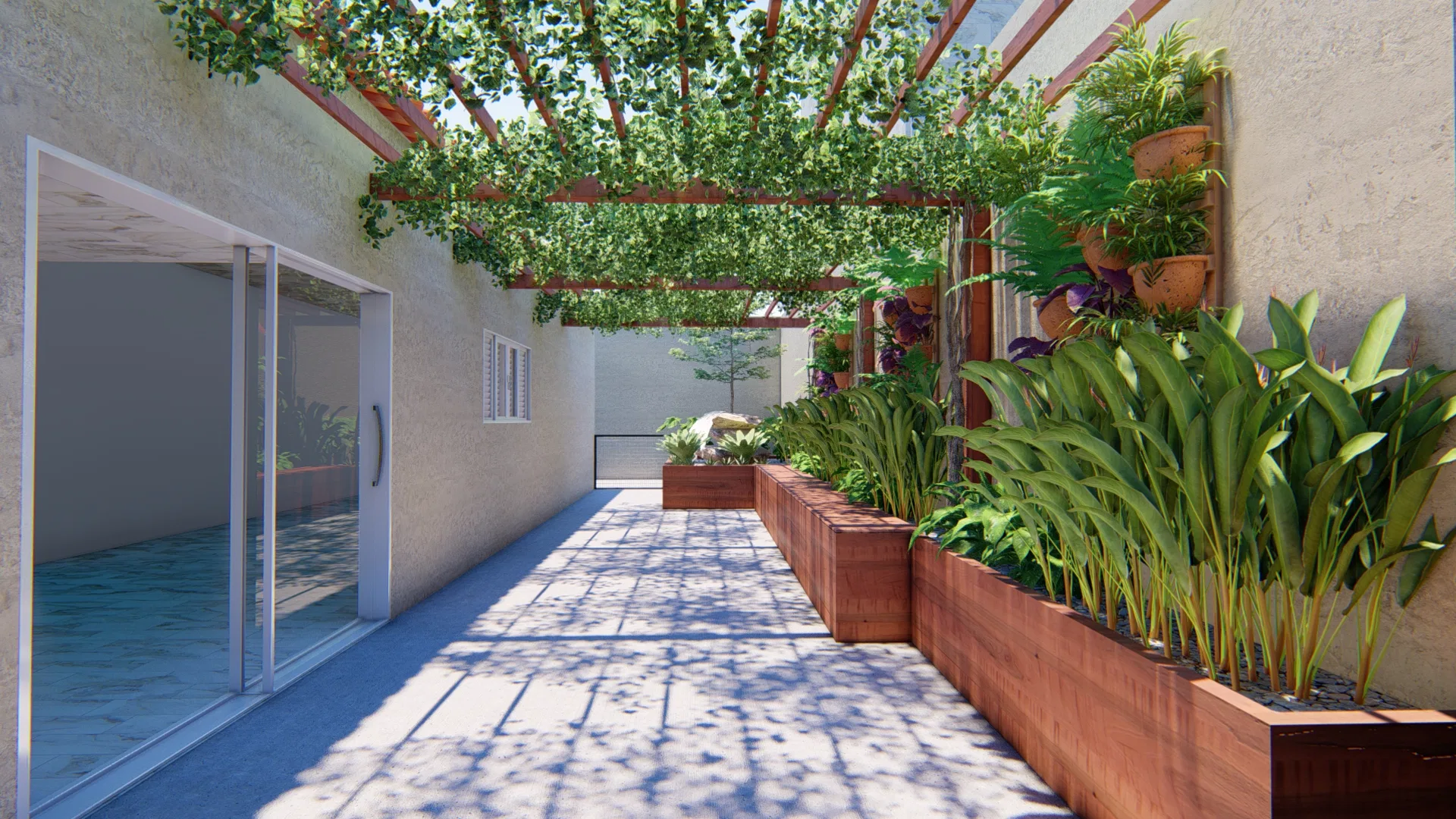 Long inner courtyard beneath a wooden pergola of climbers, raised timber planters lining the sunlit paving toward a glazed sliding door.