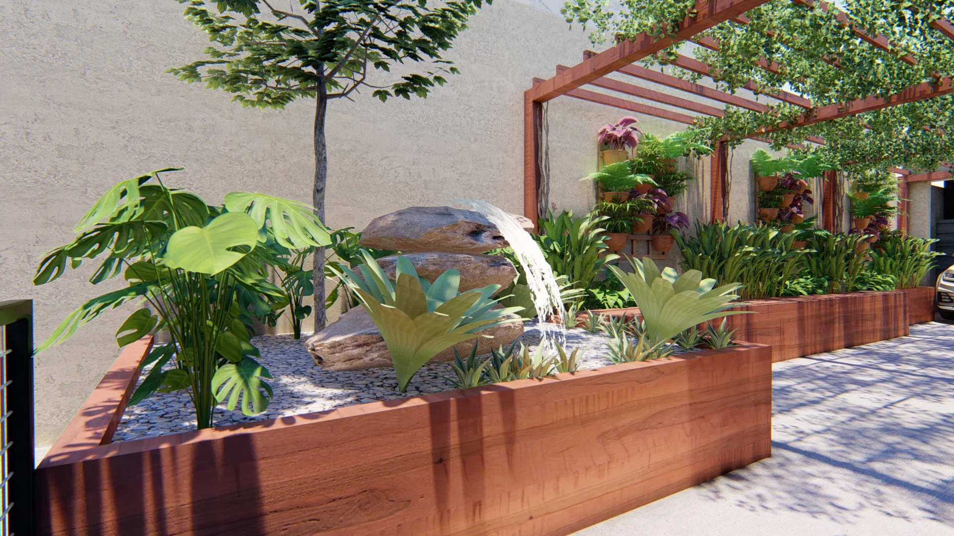 A stone fountain on a raised planter spills water among tropical foliage such as monstera and bromeliads, beneath the slatted pergola.