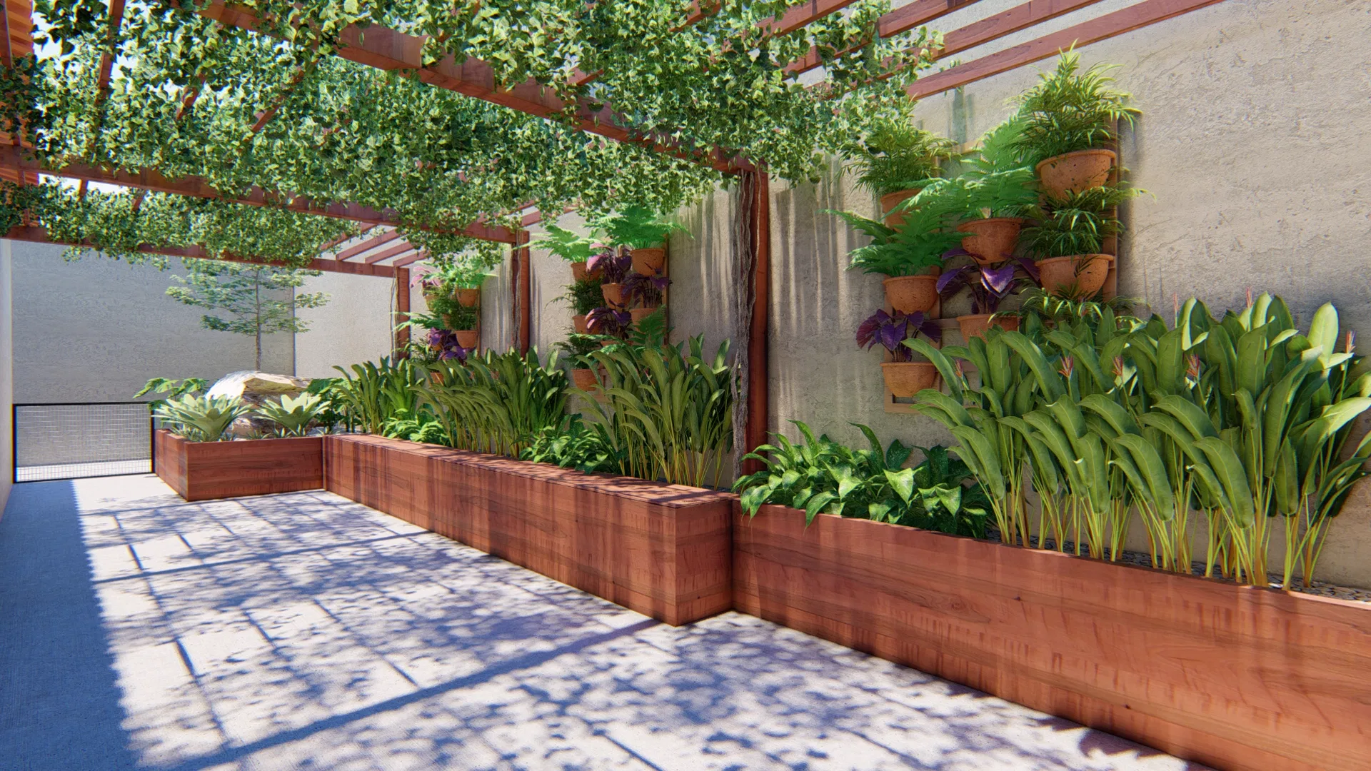 Angled view of the timber planters against a rendered wall, with ferns and purple-leaved plants in hanging terracotta pots.