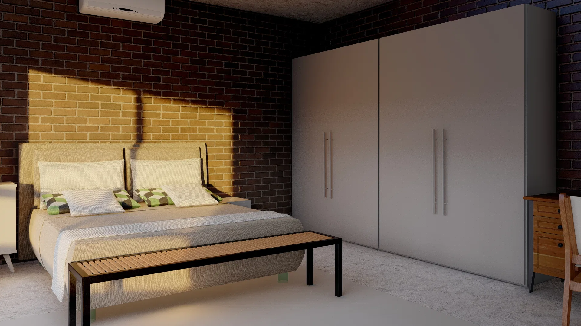 Furnished bedroom with an upholstered headboard, a warmly lit brick wall, a pale wardrobe and a wooden bench at the foot