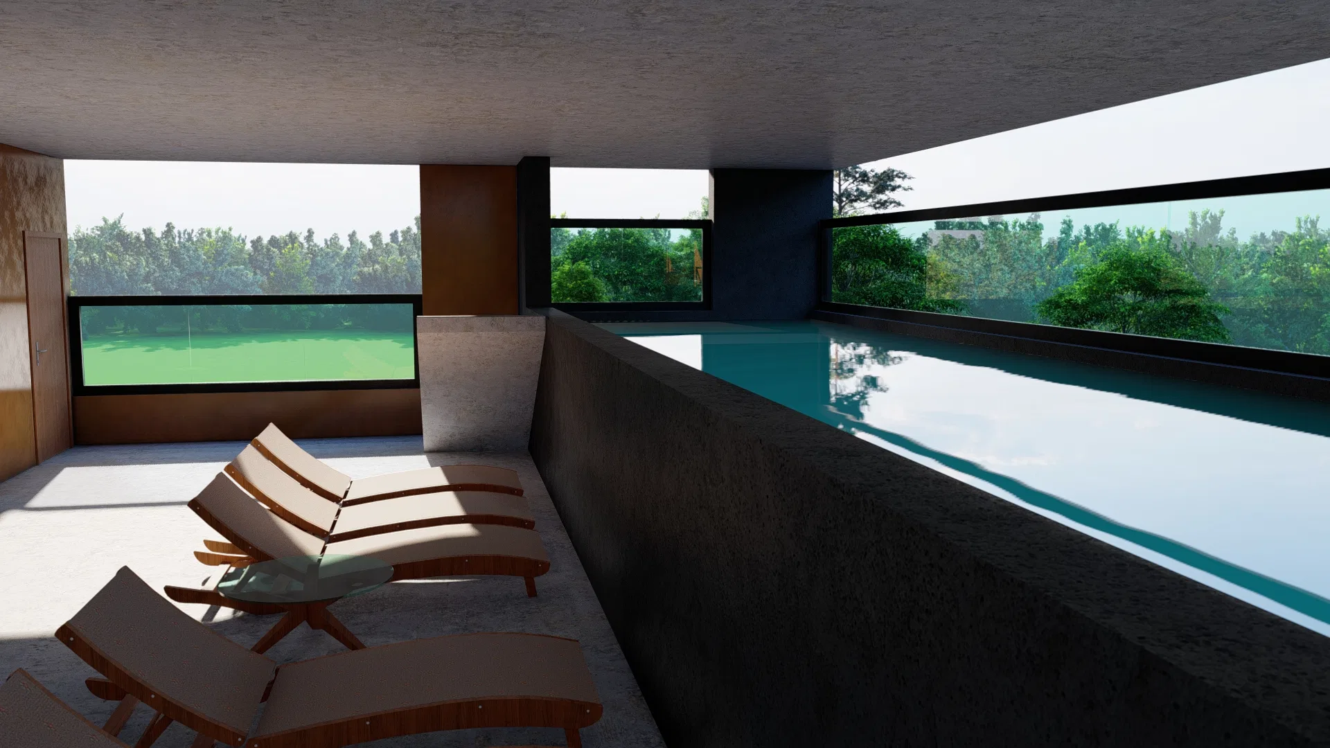 Indoor lap pool with a dark finish and wooden loungers before horizontal windows opening to the greenery