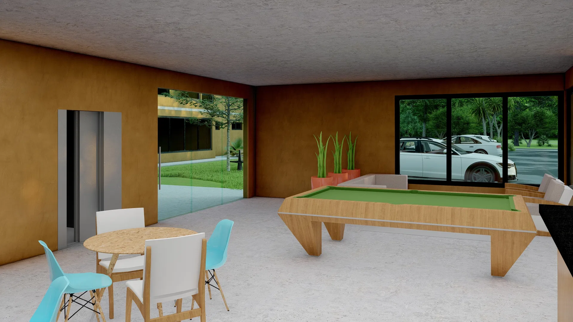 Games room with a billiard table, a round table with colourful chairs, a lift door and wide glazing onto the garden