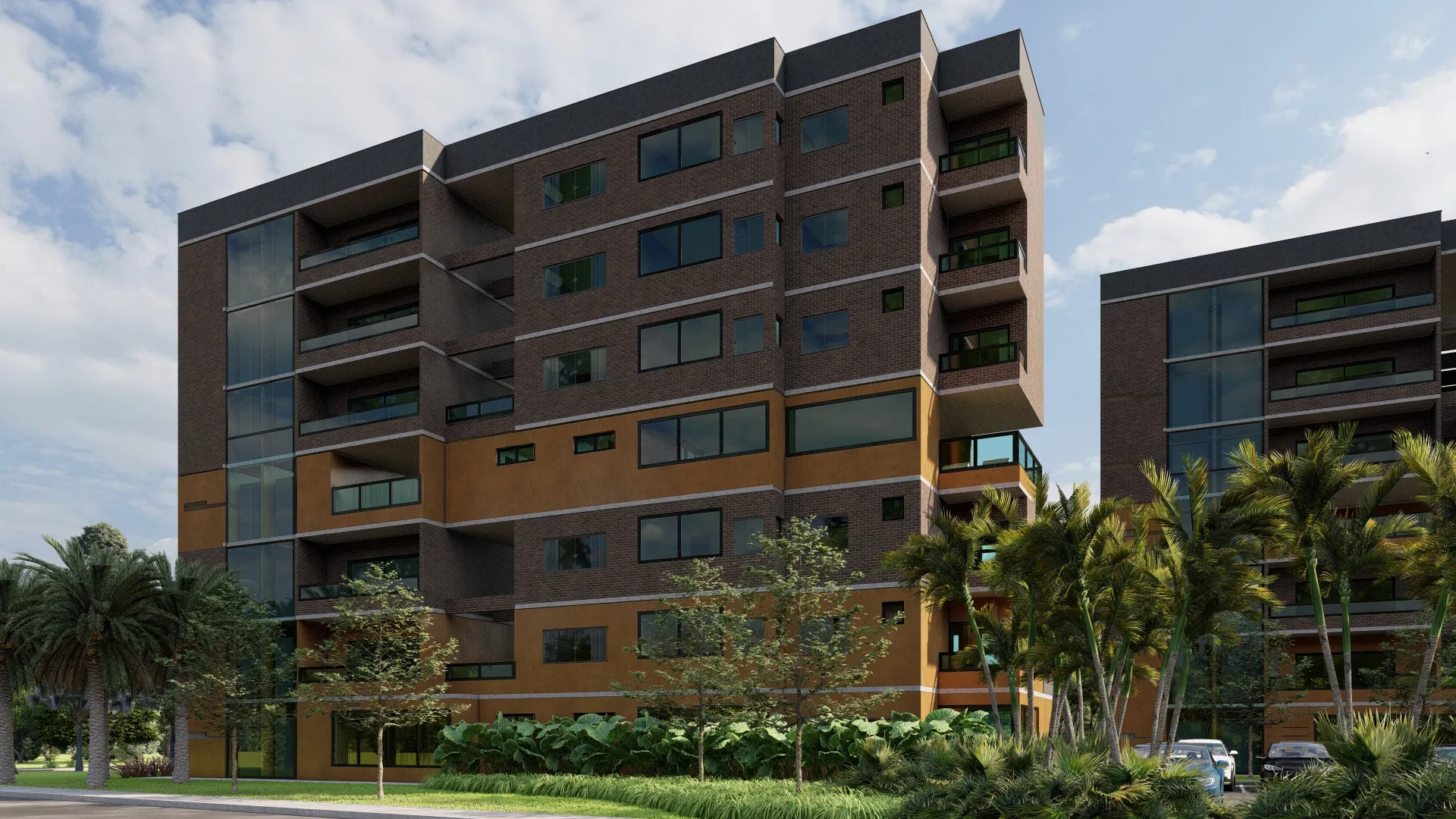 Exposed-brick facade with ochre bands, glazed balconies and tropical planting, the second tower to the right under a clear sky