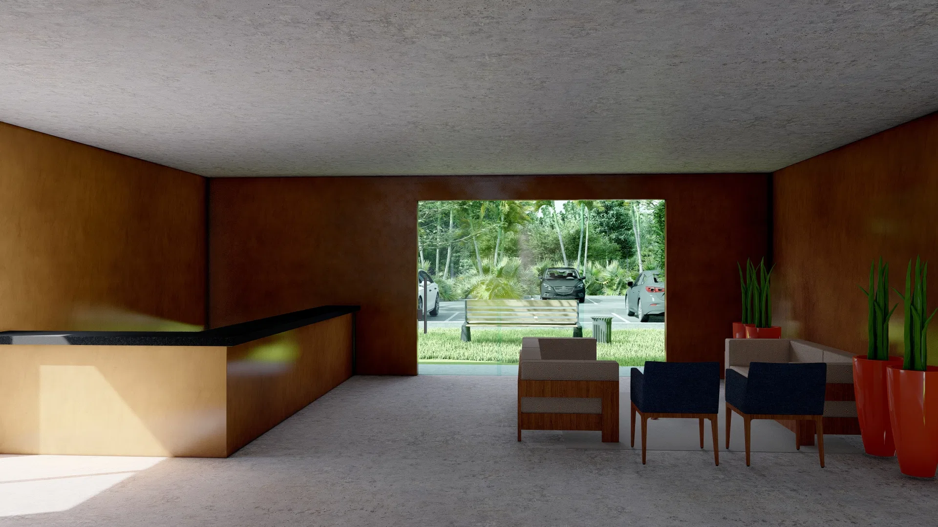 Entrance lobby with a wood-toned reception desk, lounge armchairs, tall planters and an opening onto the garden and parking
