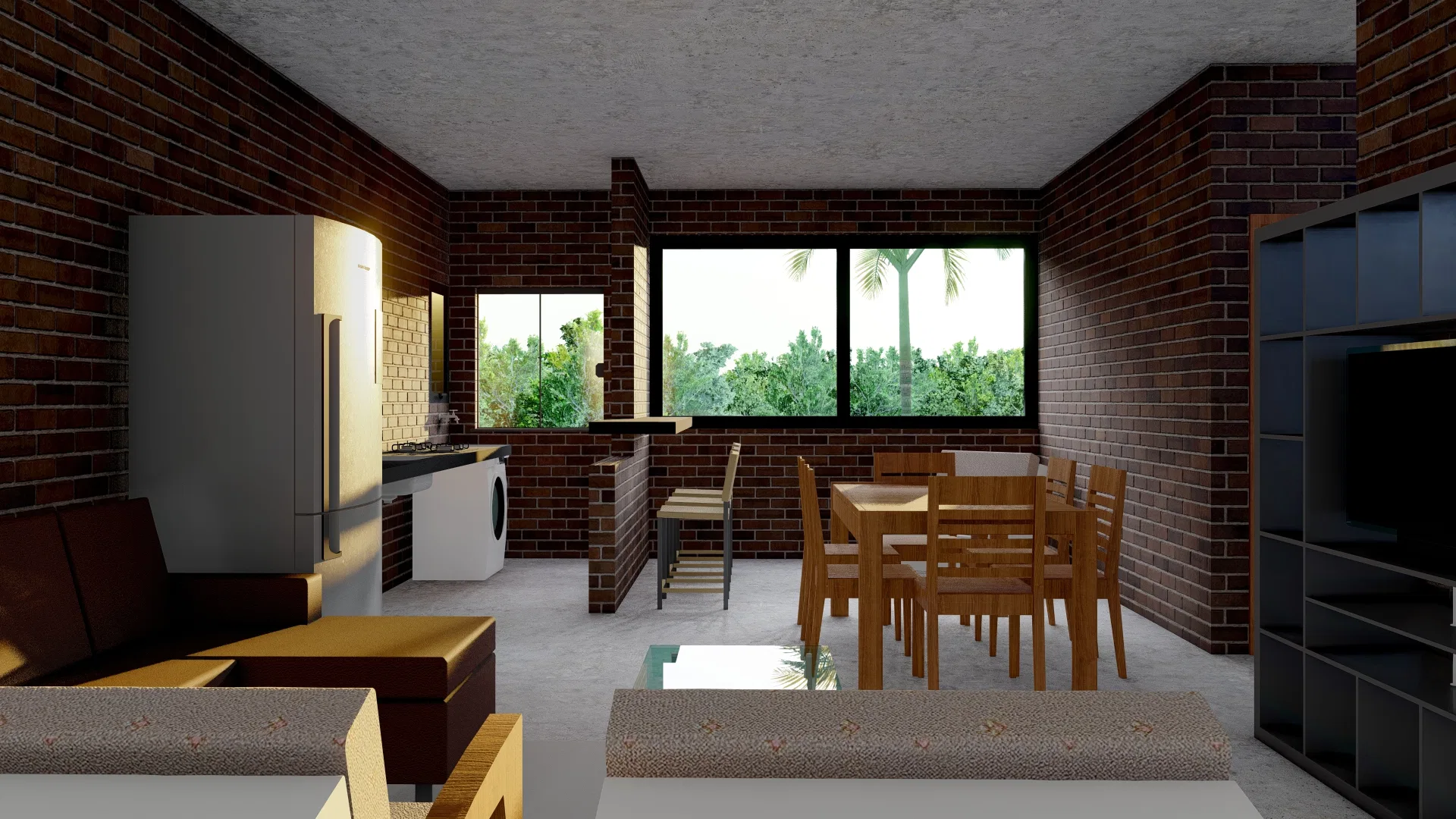 Apartment with integrated living, dining and kitchen, exposed-brick walls, a wooden table and a window facing greenery