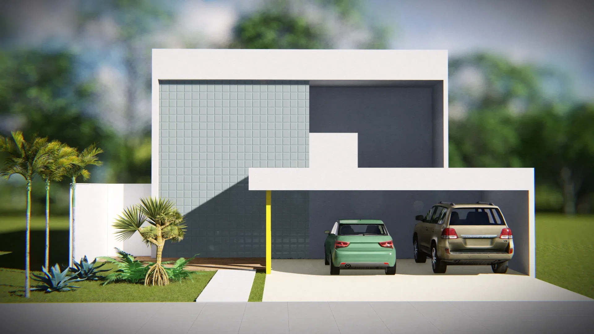 Contemporary white-volume façade with a green-grey tiled panel and an open carport sheltering two cars, flanked by palms and agaves