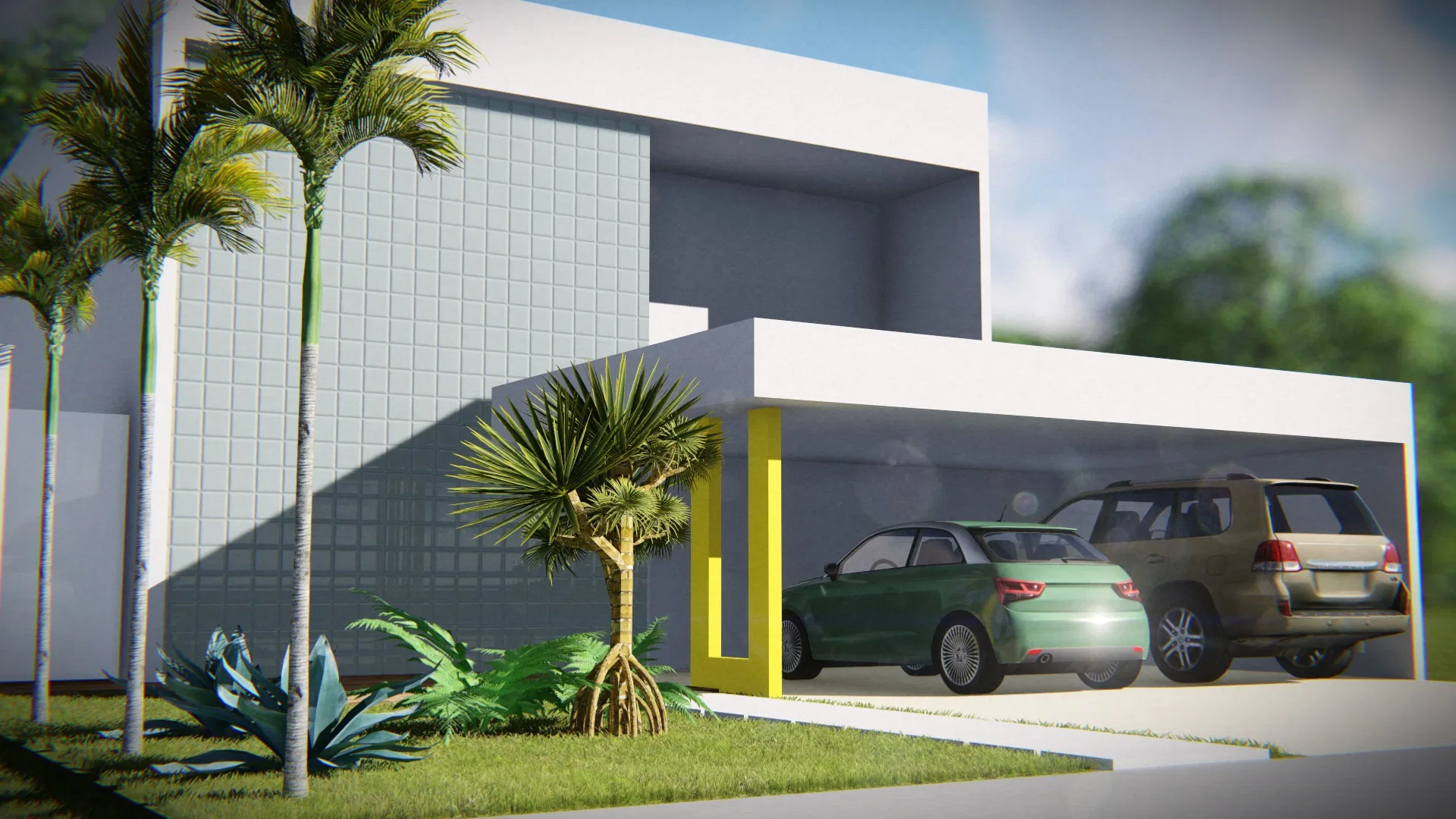 Angled view of the entrance, tall palms and a small screw palm set in a lawn bed before the tiled wall