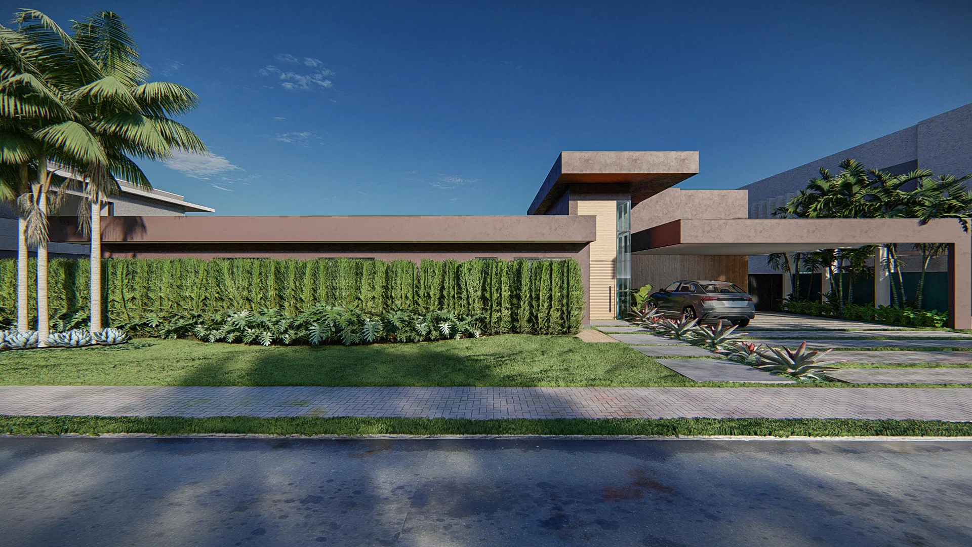 Architectural visualization of Contemporary Residential Facade with Vertical Garden and Pool — GRON 3D