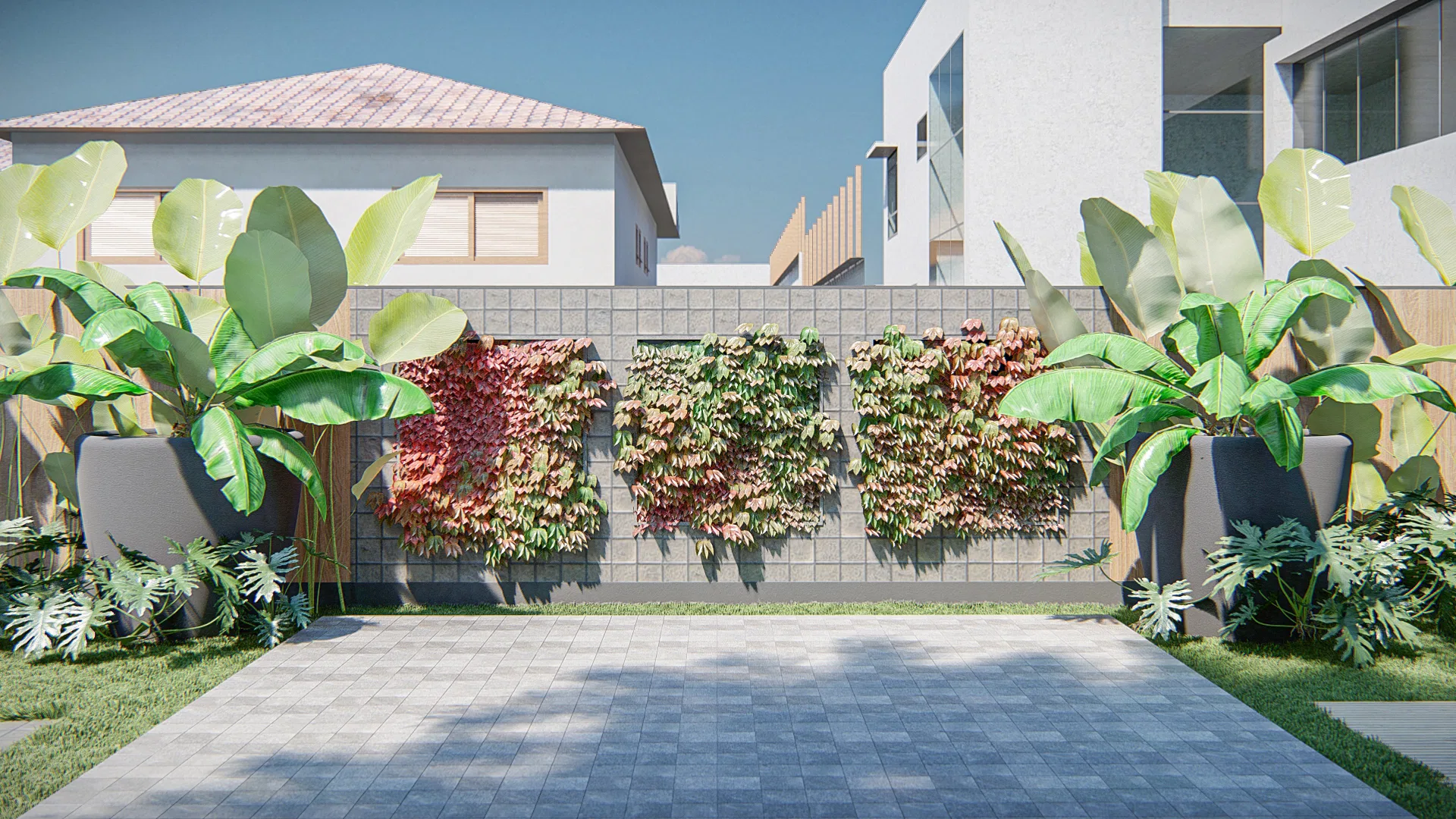 Architectural visualization of Contemporary Residential Facade with Vertical Garden and Pool — GRON 3D
