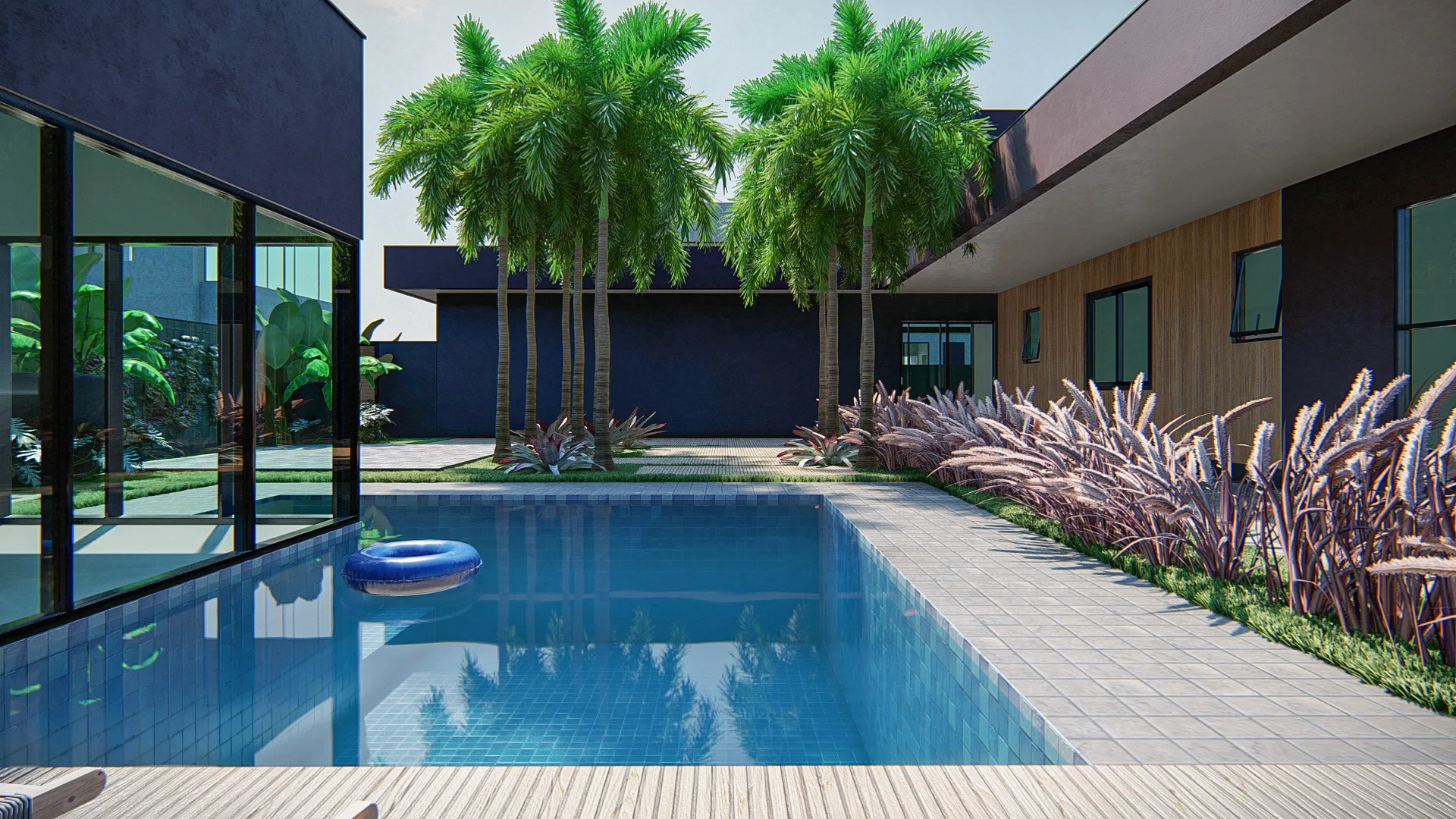 Architectural visualization of Contemporary Residential Facade with Vertical Garden and Pool — GRON 3D