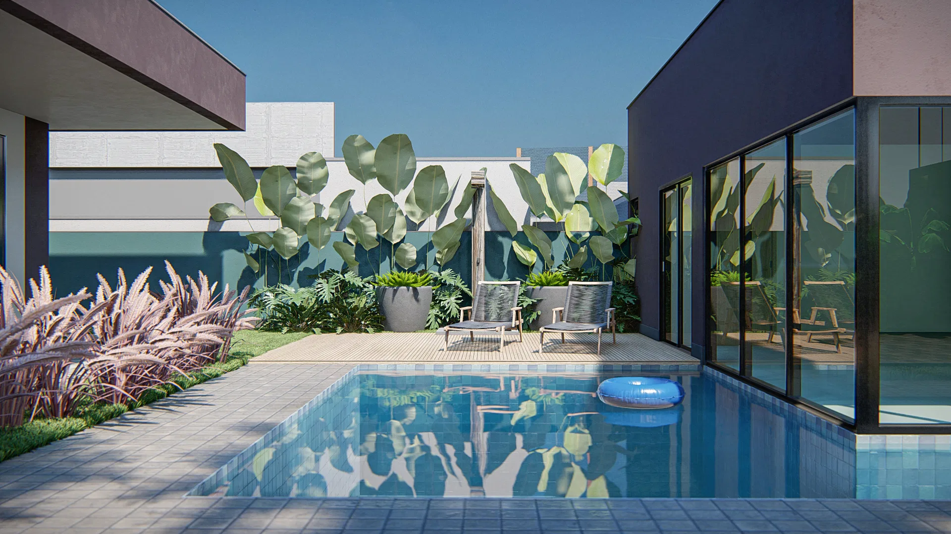 Architectural visualization of Contemporary Residential Facade with Vertical Garden and Pool — GRON 3D