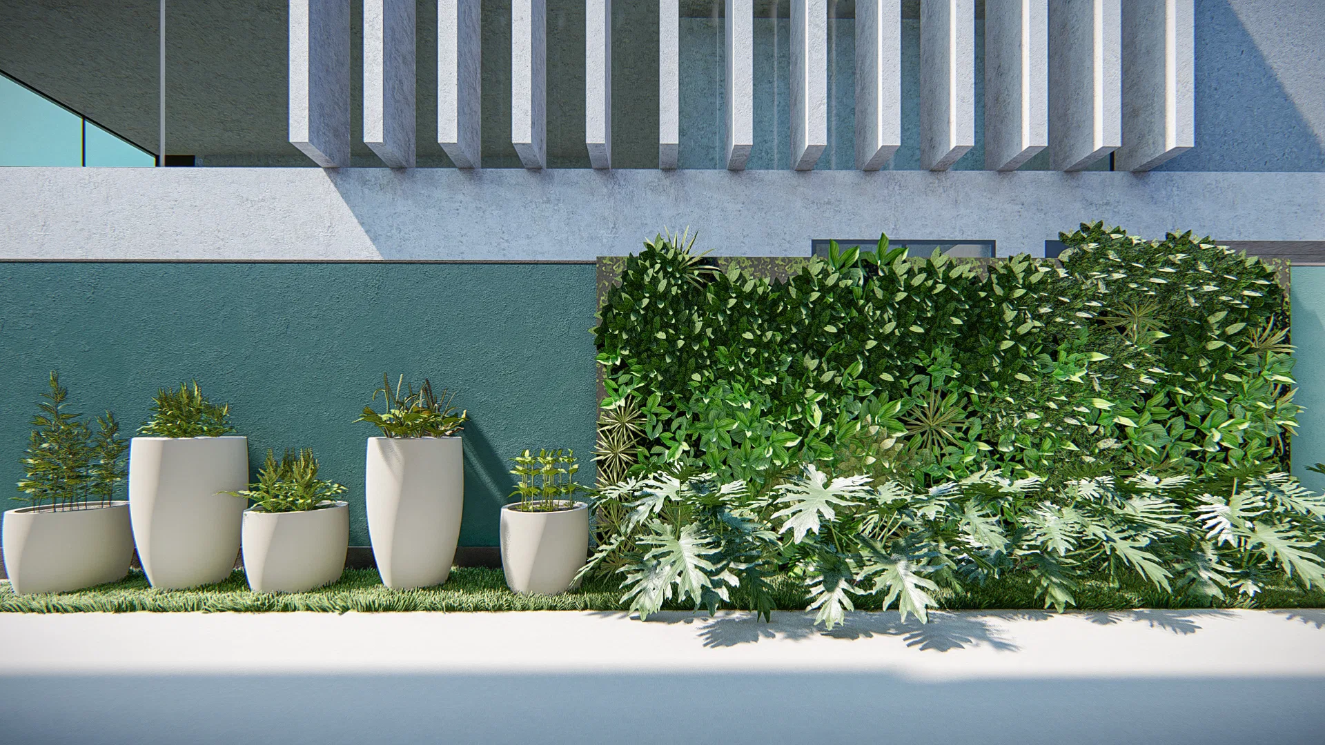 Architectural visualization of Contemporary Residential Facade with Vertical Garden and Pool — GRON 3D