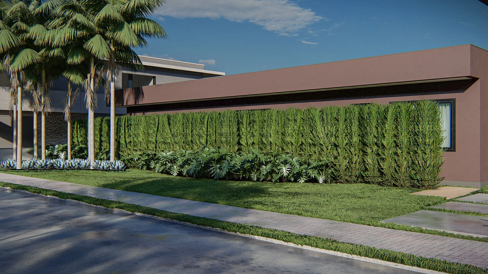 Architectural visualization of Contemporary Residential Facade with Vertical Garden and Pool — GRON 3D