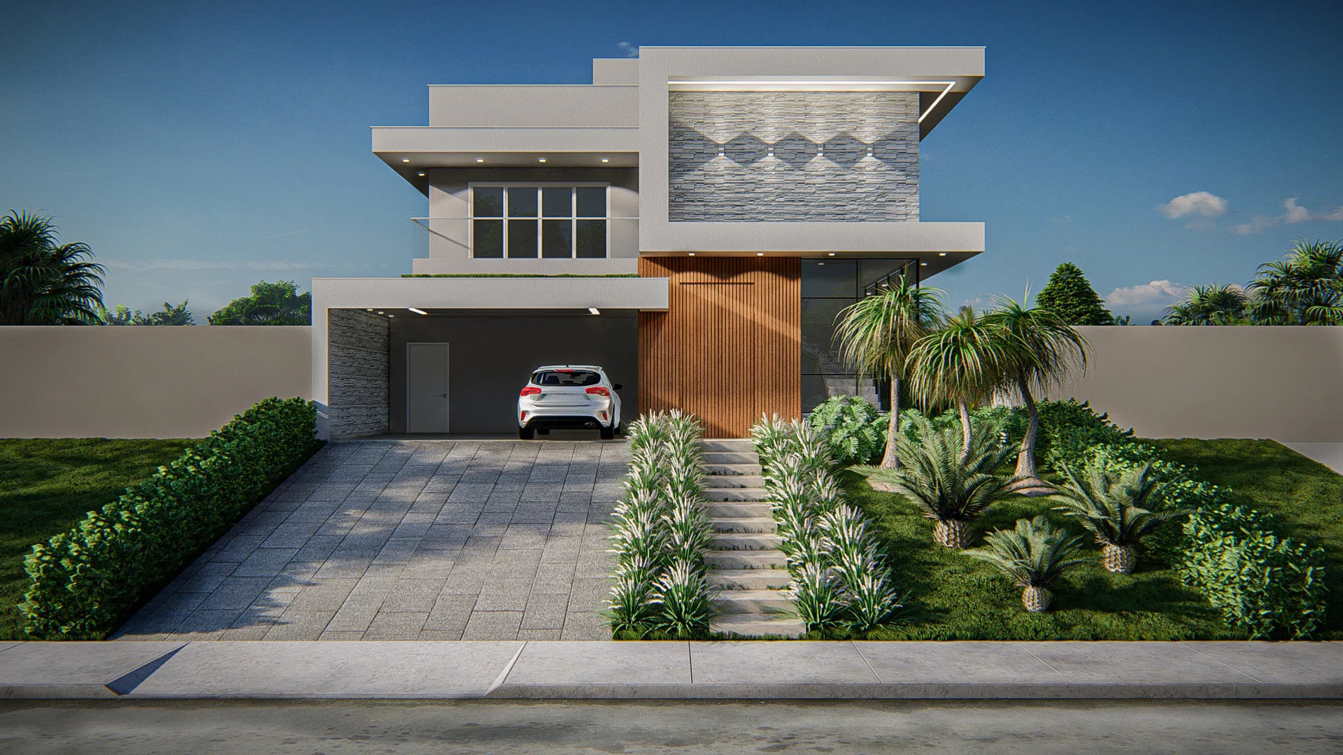 Front elevation of the two-storey house with carport, stone cladding, a wood screen and a garden of palms and grasses.