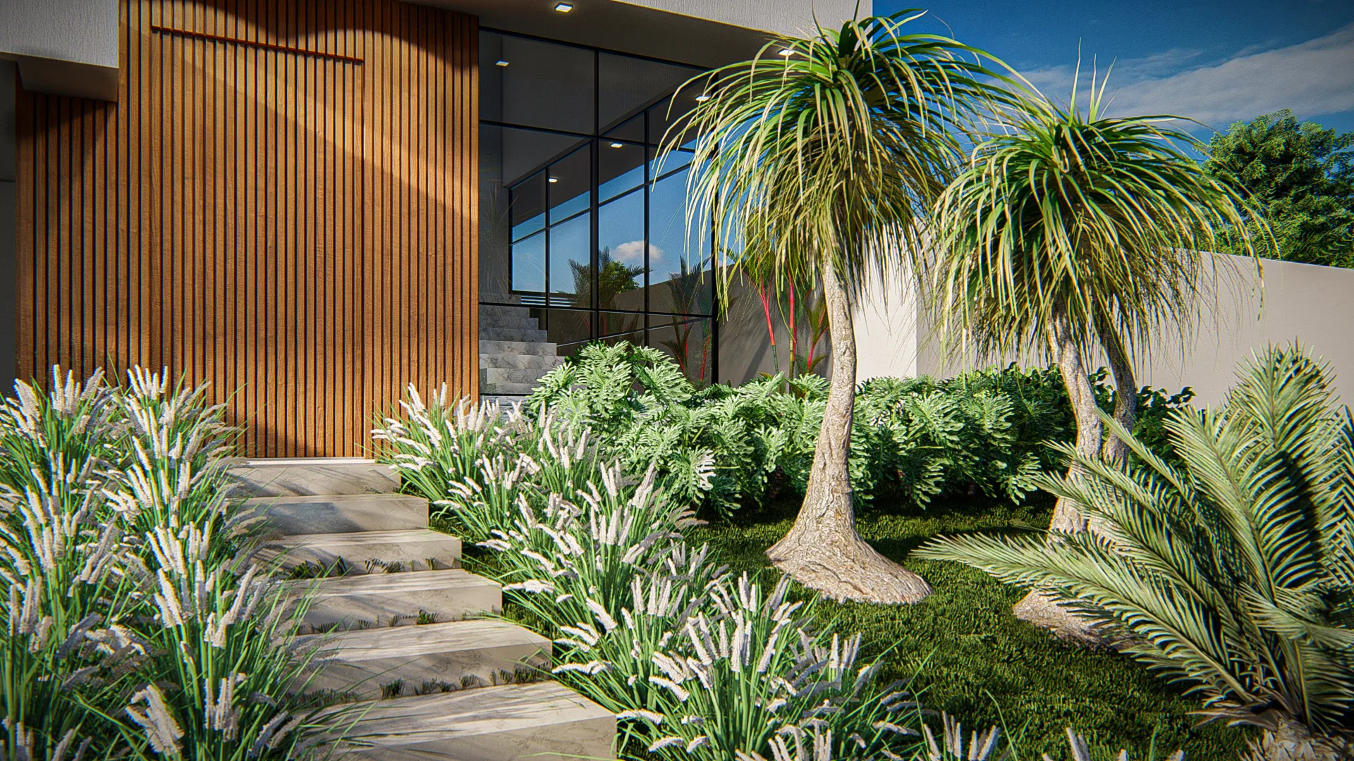 Stone-step path winding between white flowering grasses and ponytail palms, beside a facade clad in vertical wood slats.
