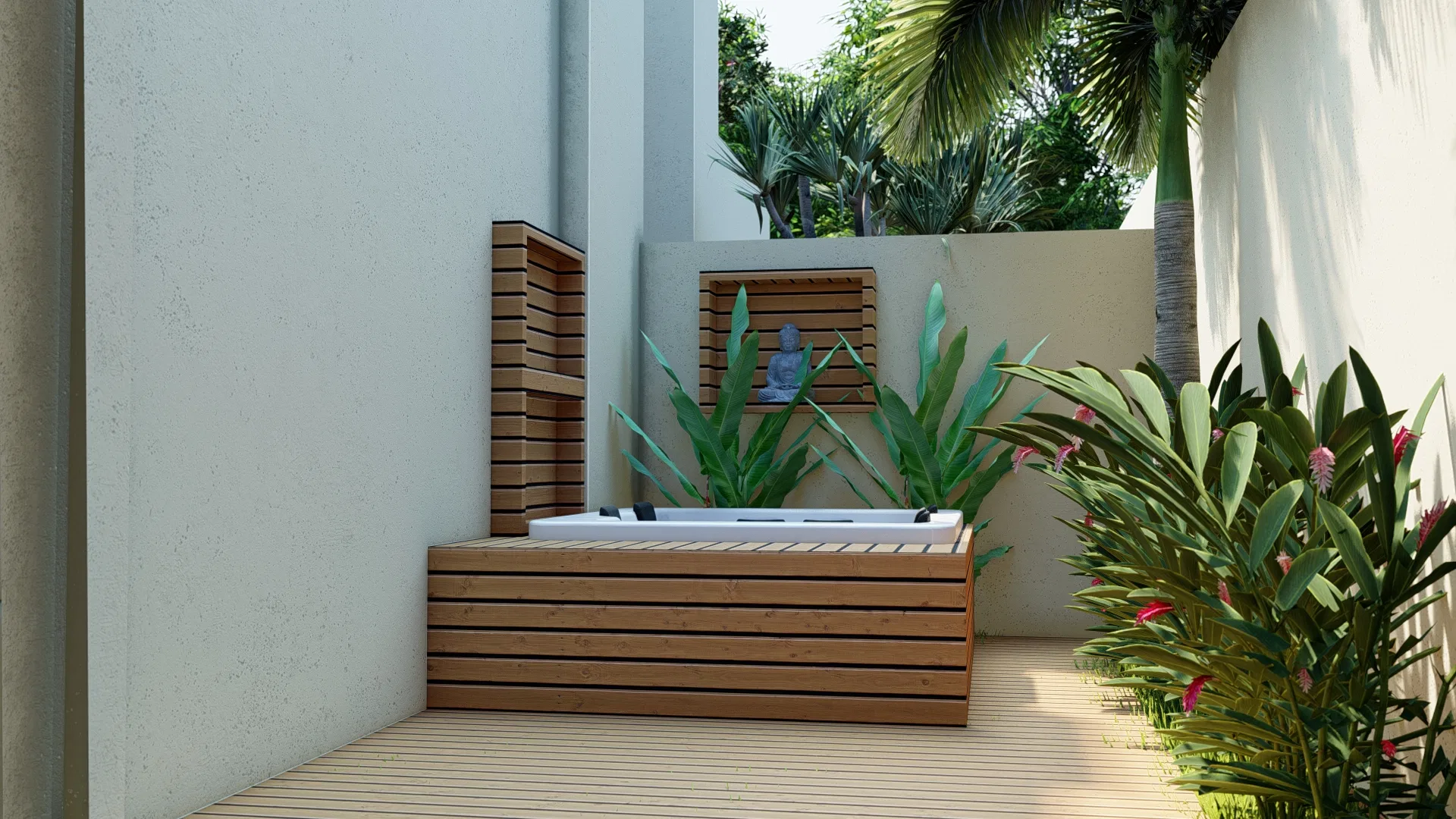 Architectural visualization of Residential Garden with Colonial Lantern Gate, Rustic Stone Wall and Bromeliad Spa — GRON 3D