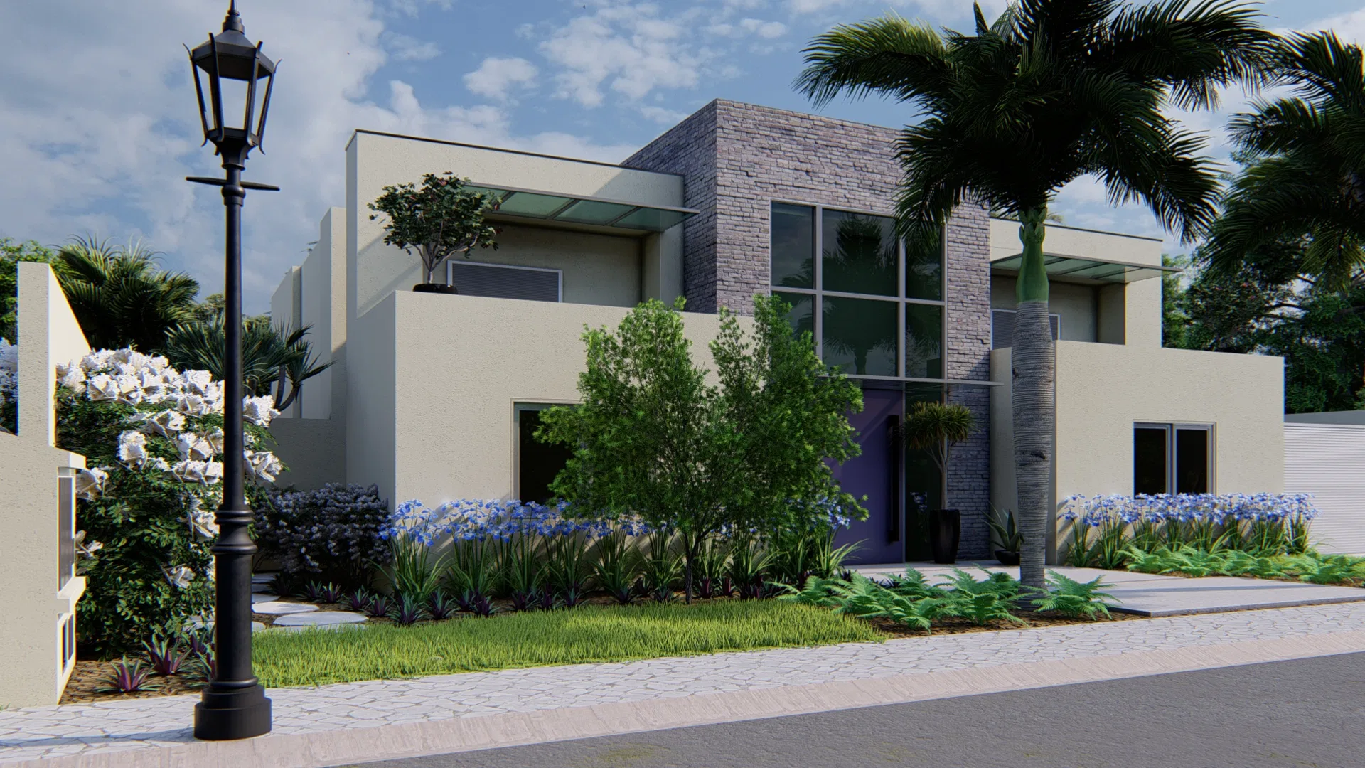 Architectural visualization of Residential Garden with Colonial Lantern Gate, Rustic Stone Wall and Bromeliad Spa — GRON 3D