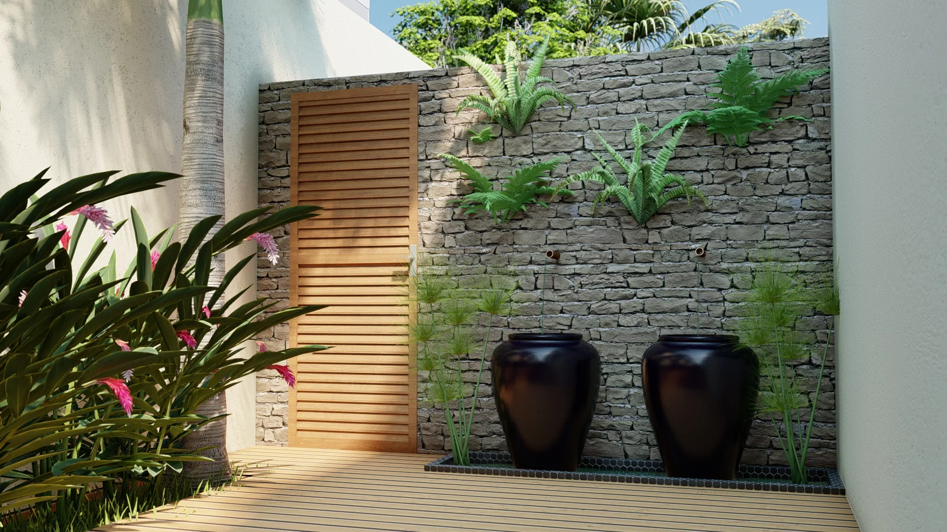 Architectural visualization of Residential Garden with Colonial Lantern Gate, Rustic Stone Wall and Bromeliad Spa — GRON 3D