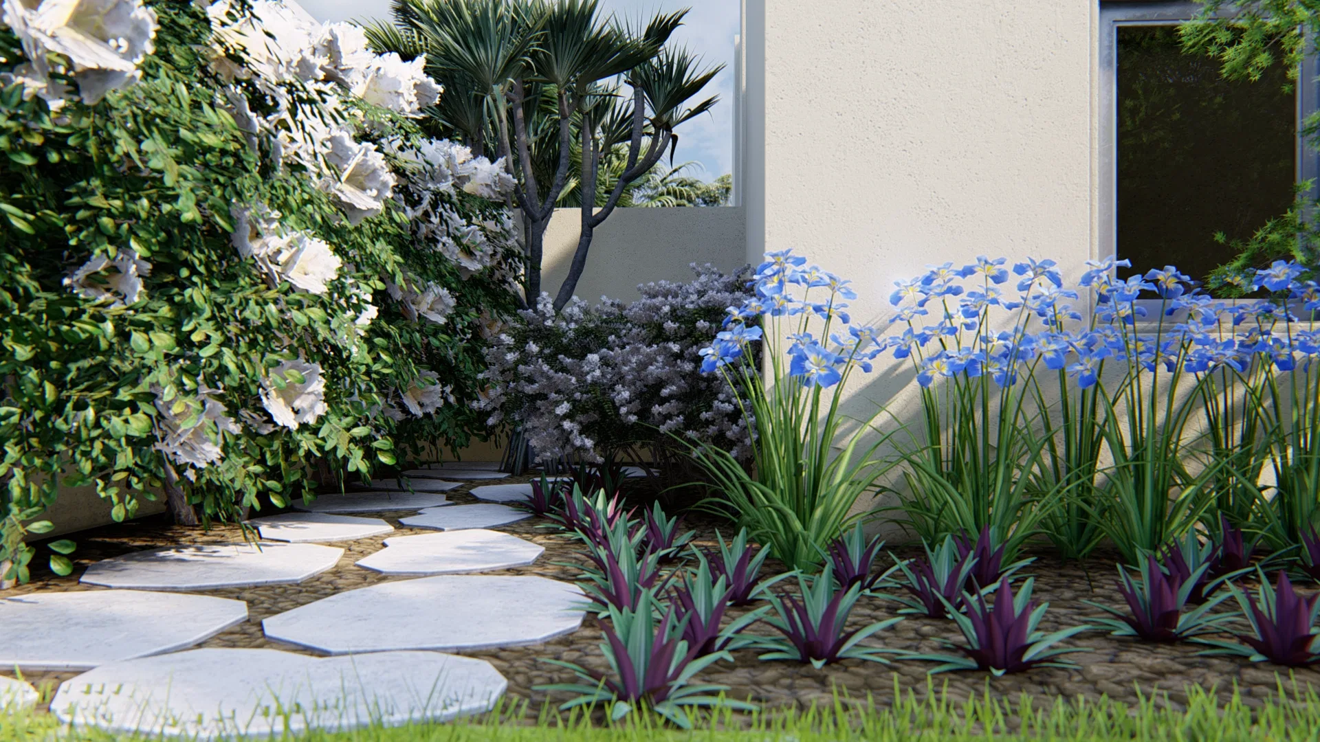 Architectural visualization of Residential Garden with Colonial Lantern Gate, Rustic Stone Wall and Bromeliad Spa — GRON 3D