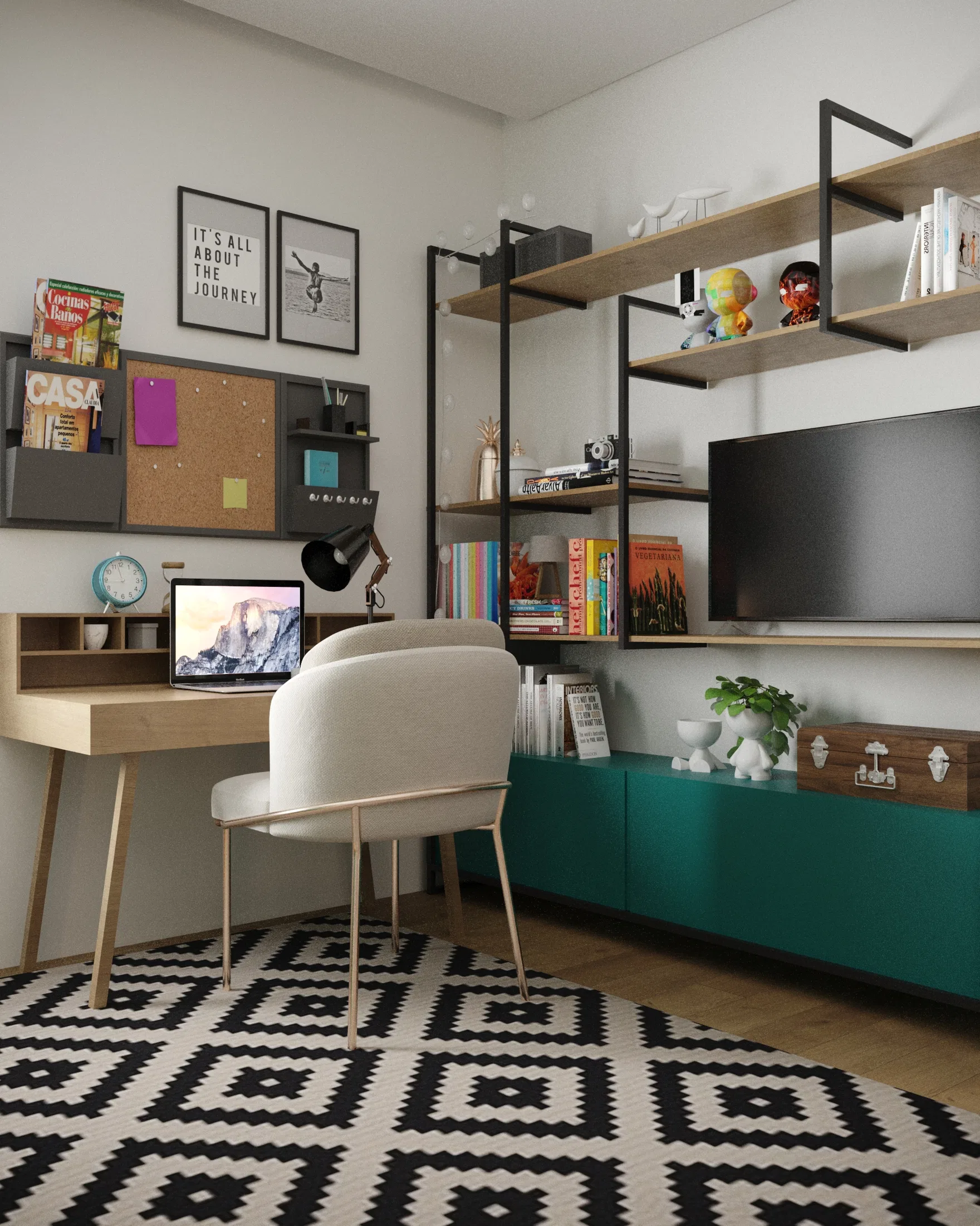 The same study area under brighter lighting, with open shelving, a panel TV and a low teal-toned cabinet