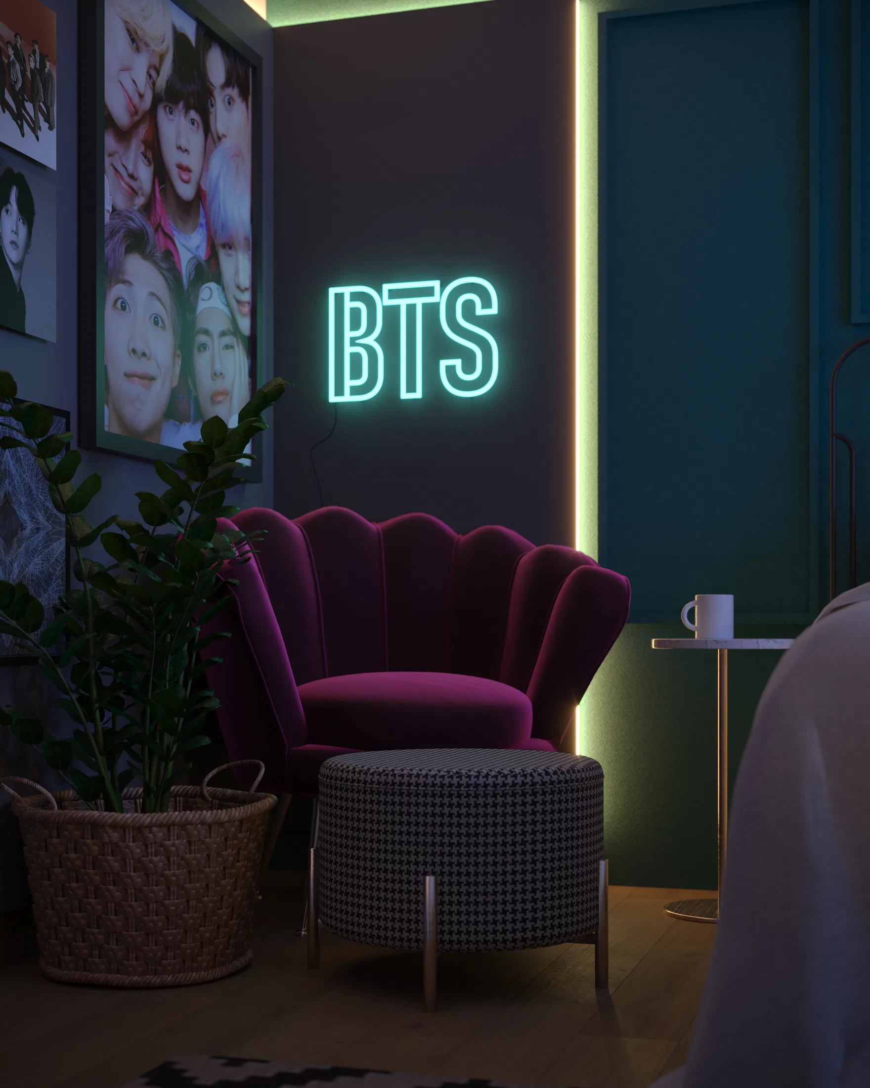 Close-up of the burgundy velvet armchair with a patterned pouf beneath the neon 'BTS' sign and a potted plant nearby
