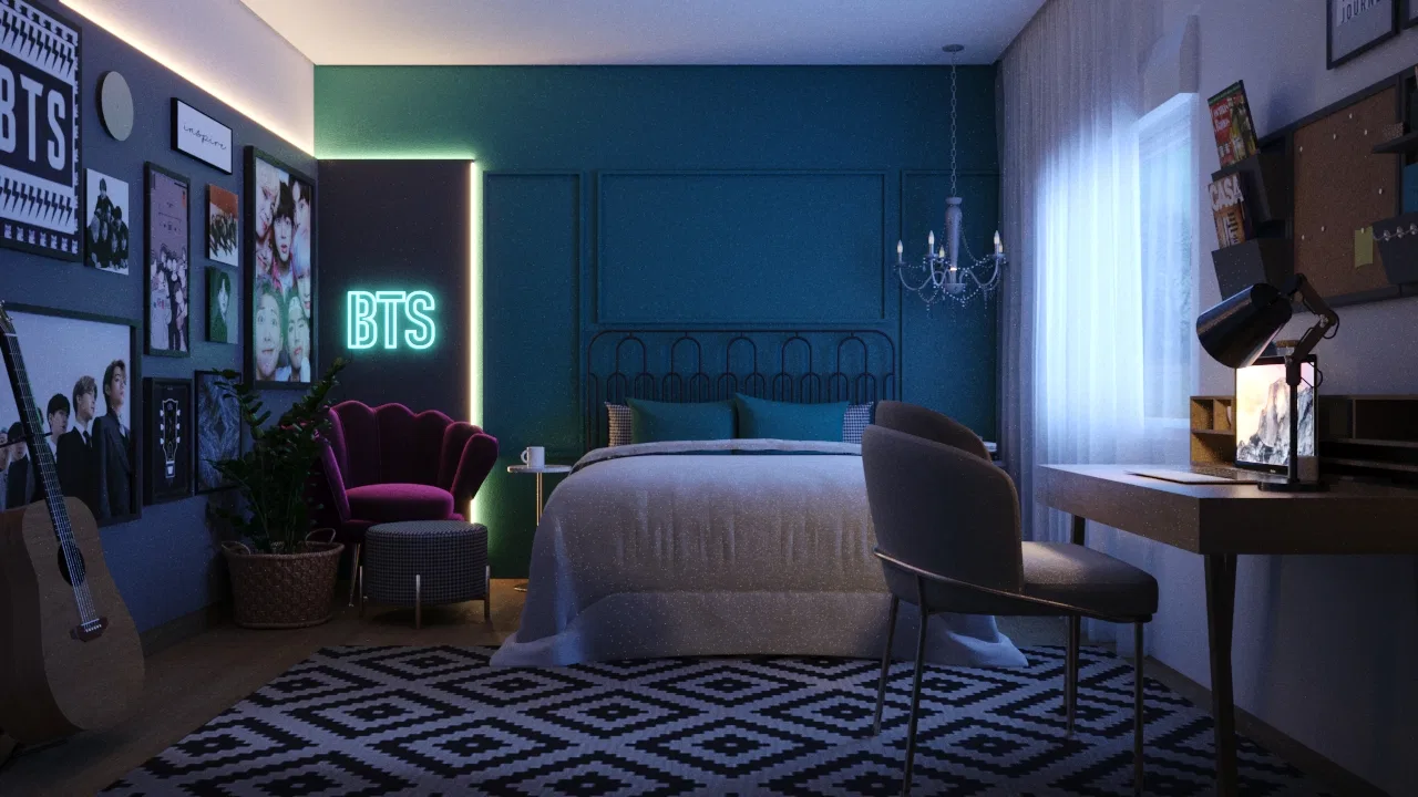 Bedroom with a neon 'BTS' sign, a photo wall, a teal wall and a burgundy velvet armchair beside the bed