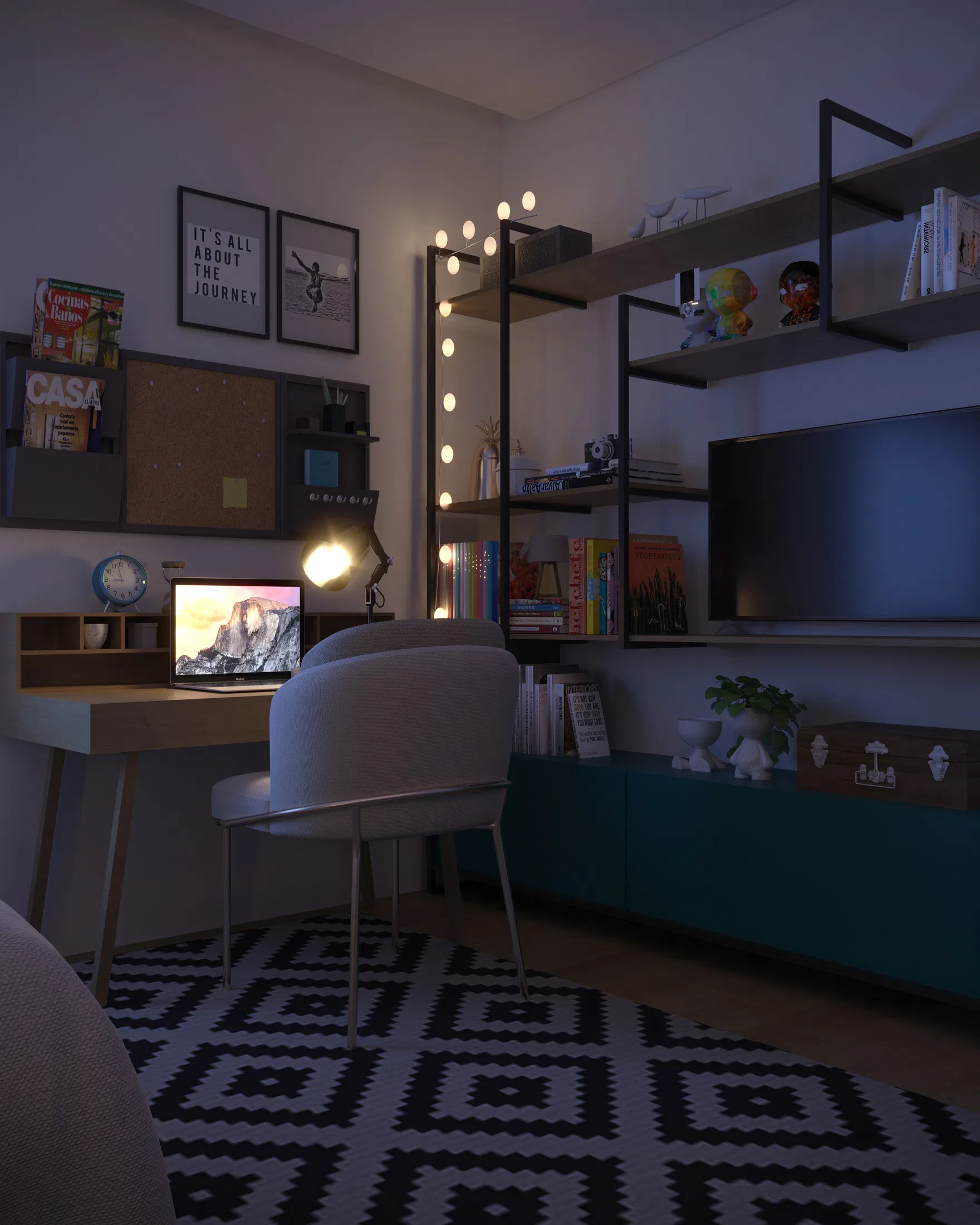 Study area with a wood desk, a laptop, an articulated lamp and open shelving with decor objects, under low lighting