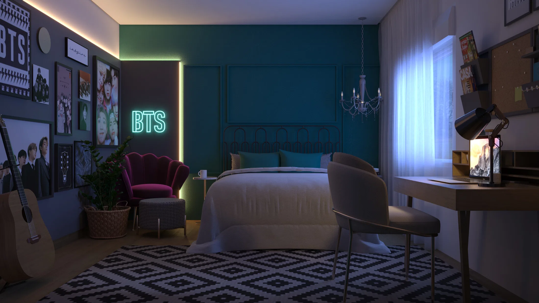Wide view of the bedroom with a double bed, a neon 'BTS' sign, a photo wall and a black-and-white graphic rug