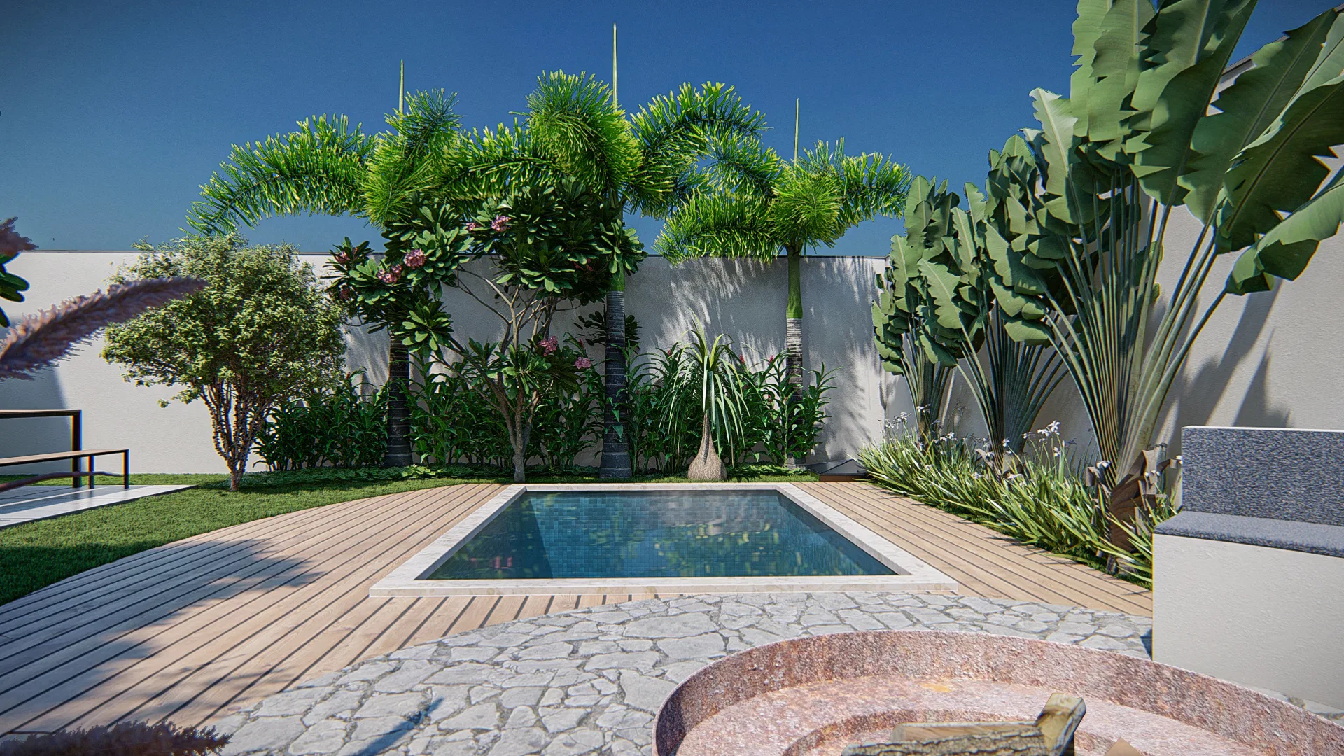 Another angle of the pool with tall arching palms, ornamental banana-leaf plants along the wall and stone paving around the fire pit