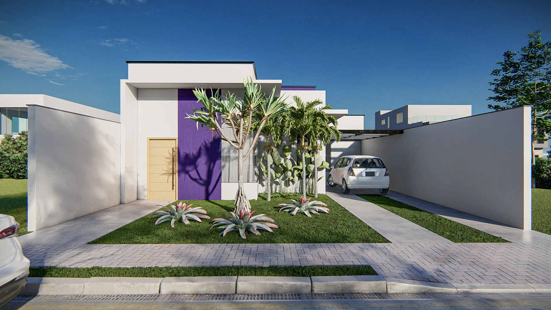 Single-story house facade with a purple accent panel, a lawn with agaves and bromeliads, and a car parked under the covered carport