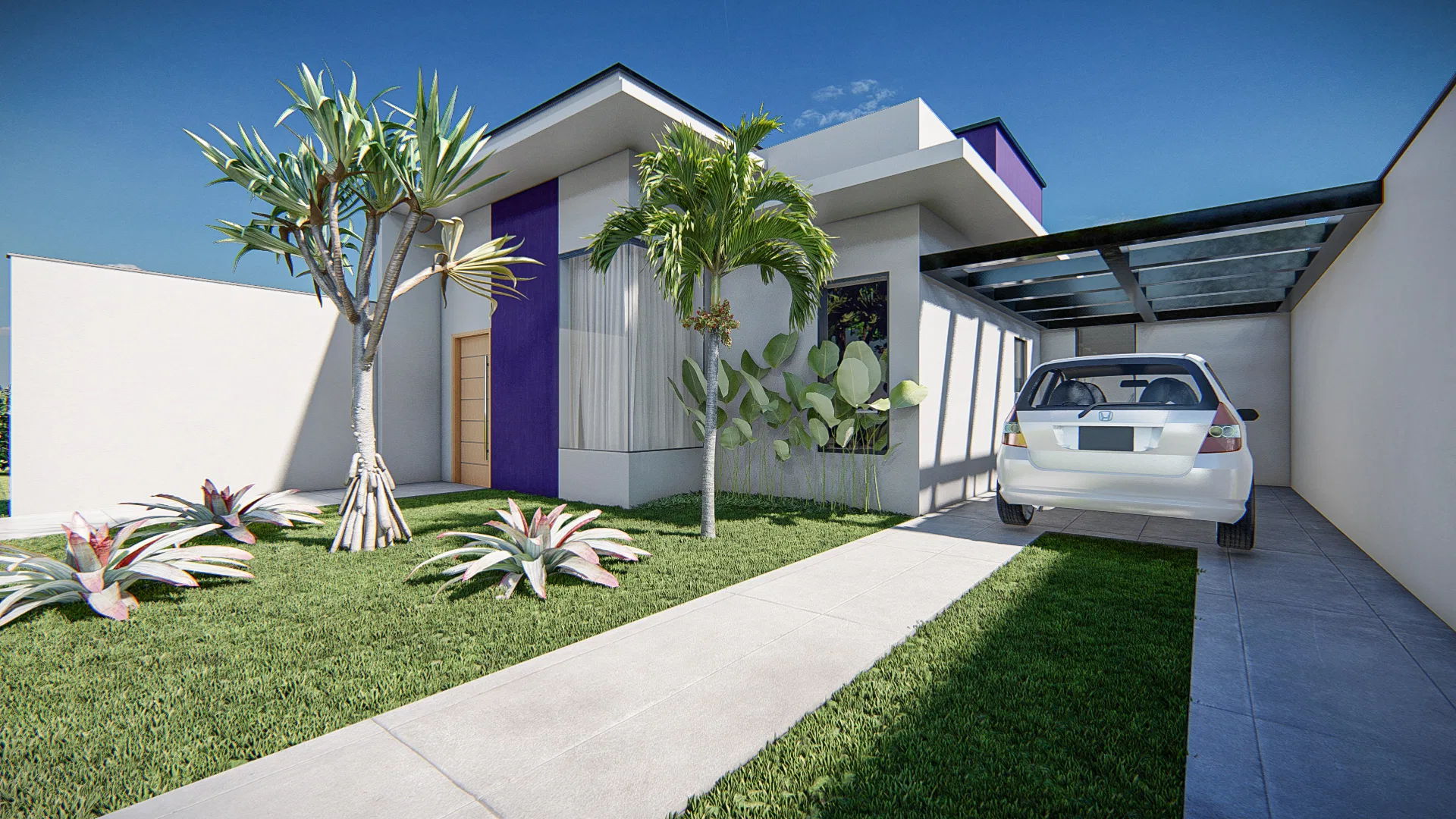 Close-up view of the front garden with a yucca, an opuntia cactus and bromeliads beside the entrance with a wood door and purple panel