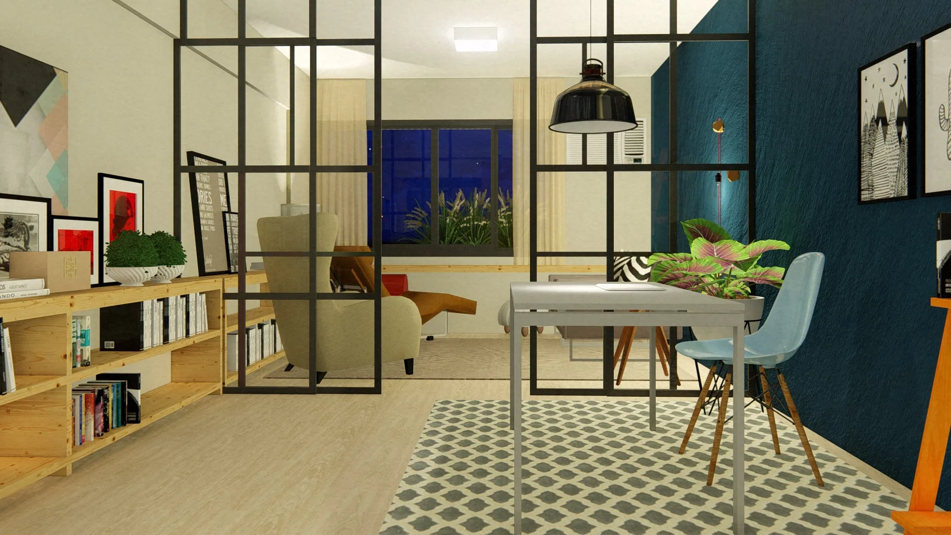 Study with a black-framed glass partition, a low wood bookshelf, a beige-armchair reading nook and a desk with a pale-blue chair