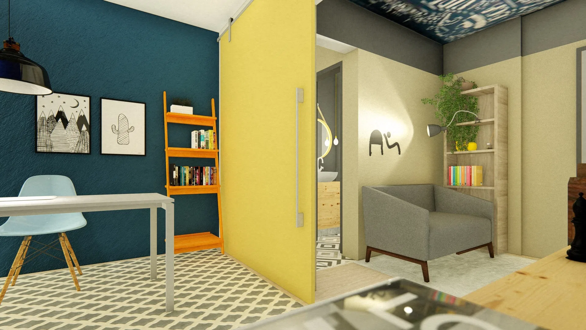 Home office with a petrol-blue wall, framed prints, an orange ladder shelf and a white desk, split by a sliding yellow panel