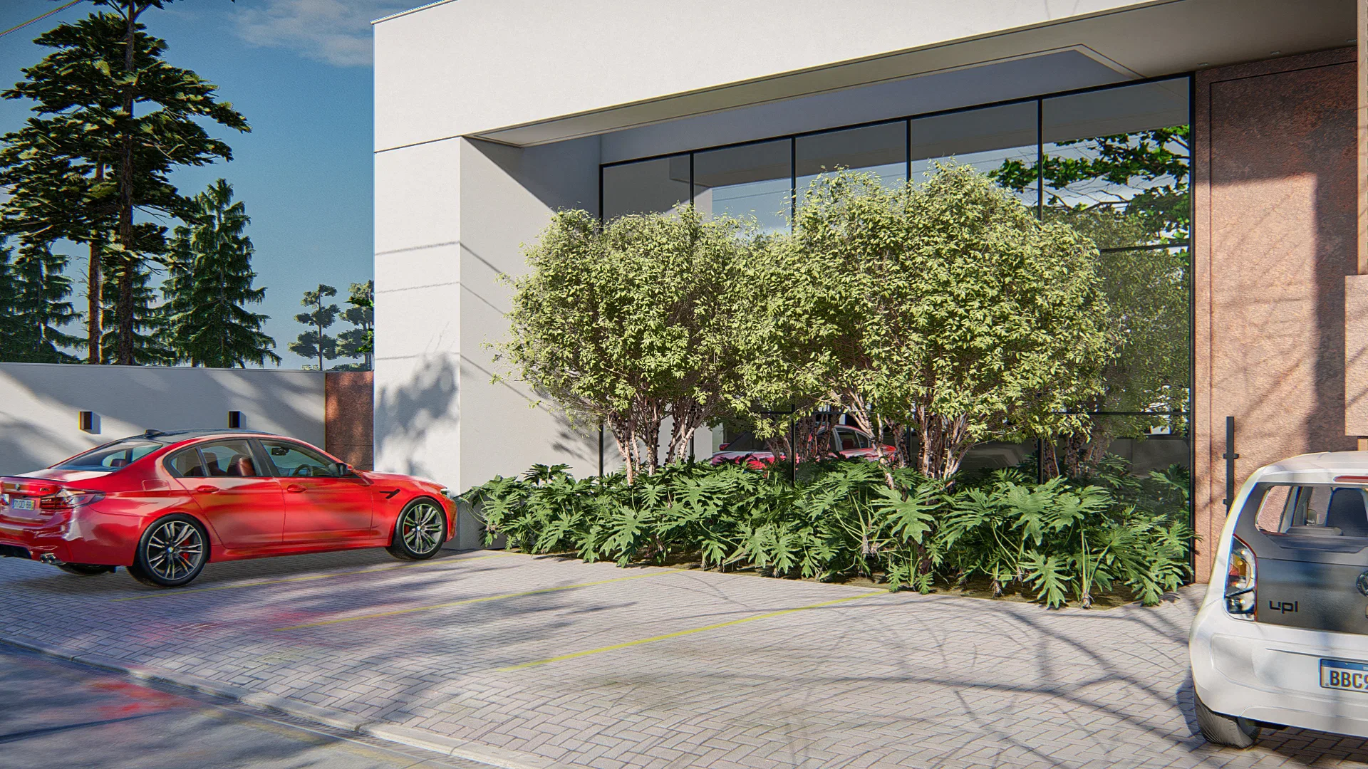 Entrance planting bed with young trees and split-leaf ground cover beside the glass facade, a red sports car curving around the paved forecourt