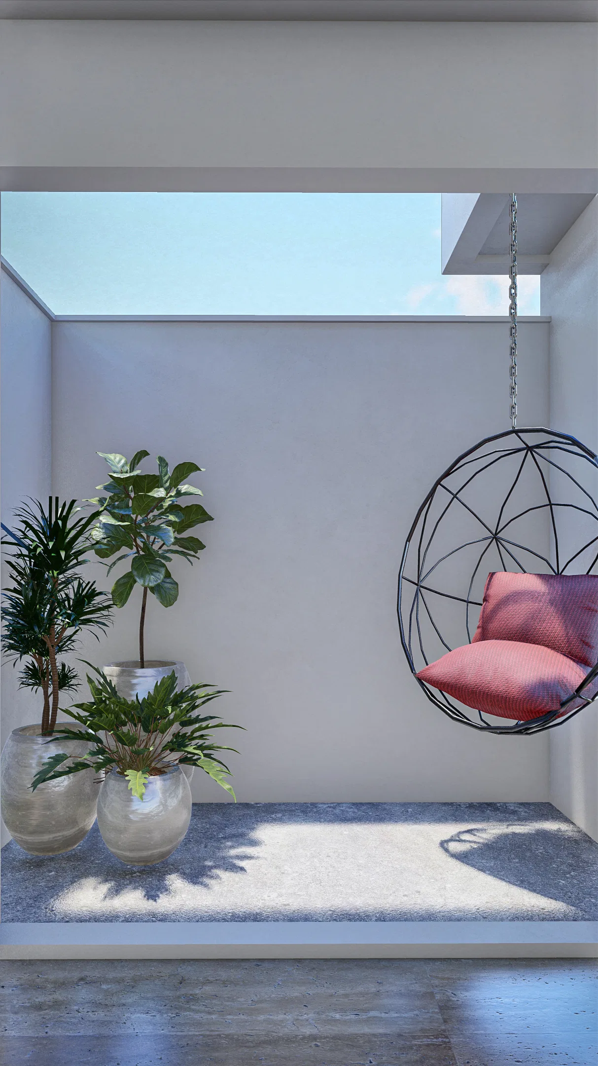 Inner patio lit by a skylight opening, with a hanging chair on rosy cushions and pots of dracaena and fern over gravel
