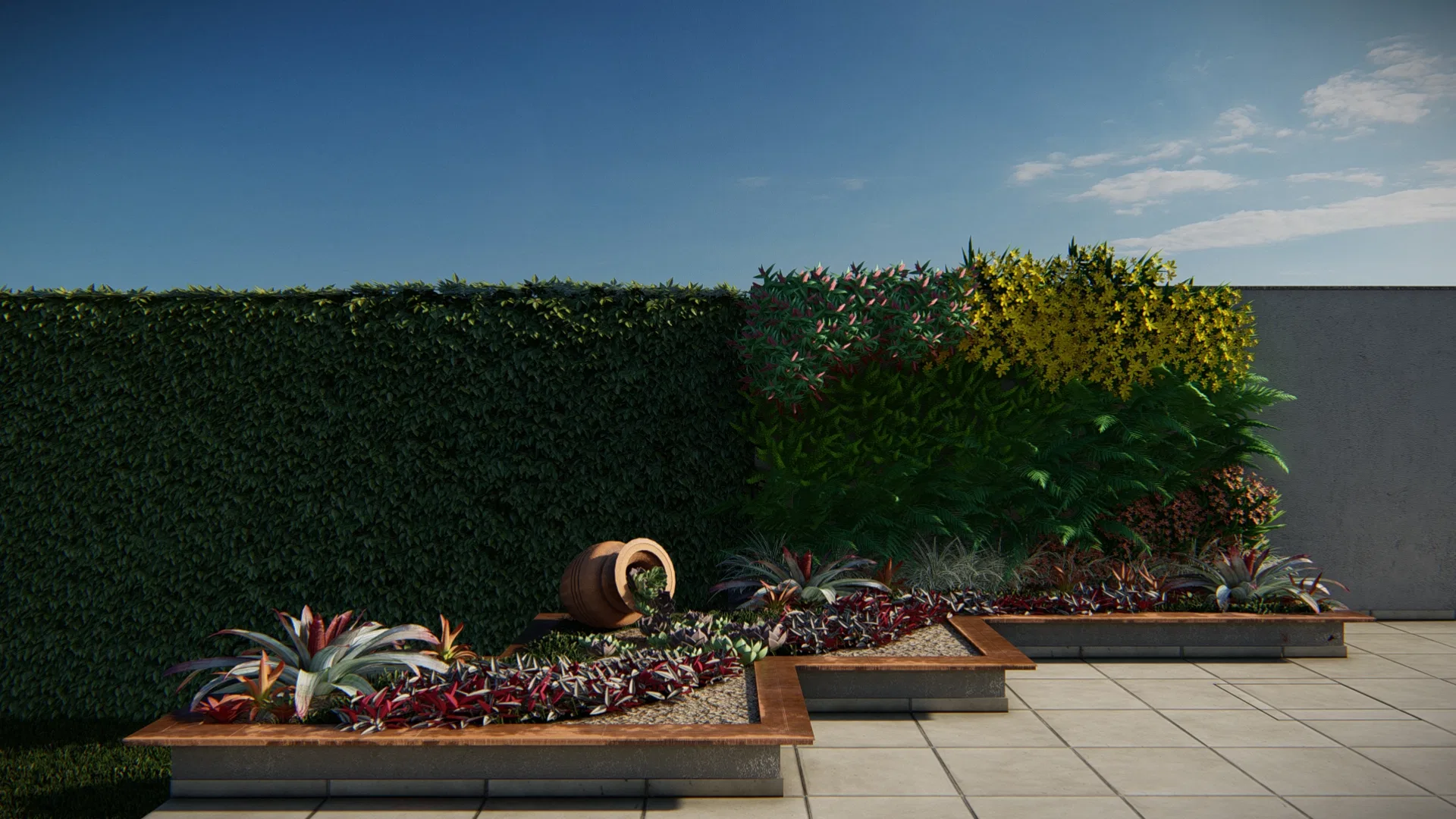 Terrace with a dark hedge on the left and raised steel beds holding bromeliads, succulents and a tipped terracotta pot under clear sky