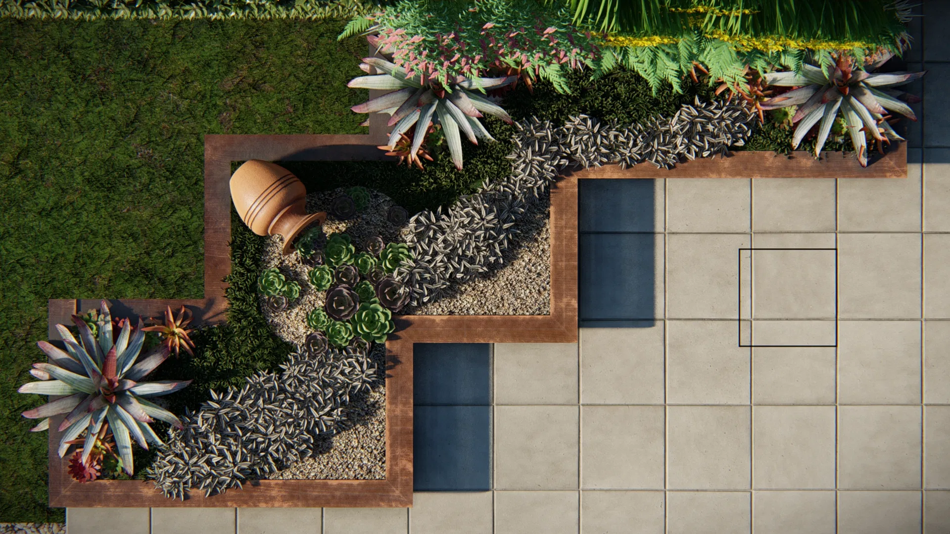 Overhead view of the angular steel beds revealing an L-shaped layout, with pebbles, succulents and bromeliads between turf and pale paving