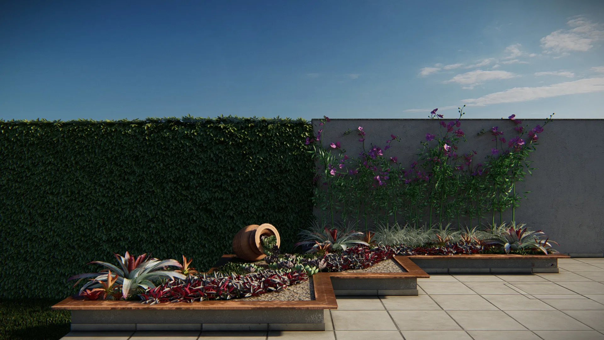 The same terrace with purple-flowering climbers rising along the pale right-hand wall, facing beds of bromeliads and reddish ground cover
