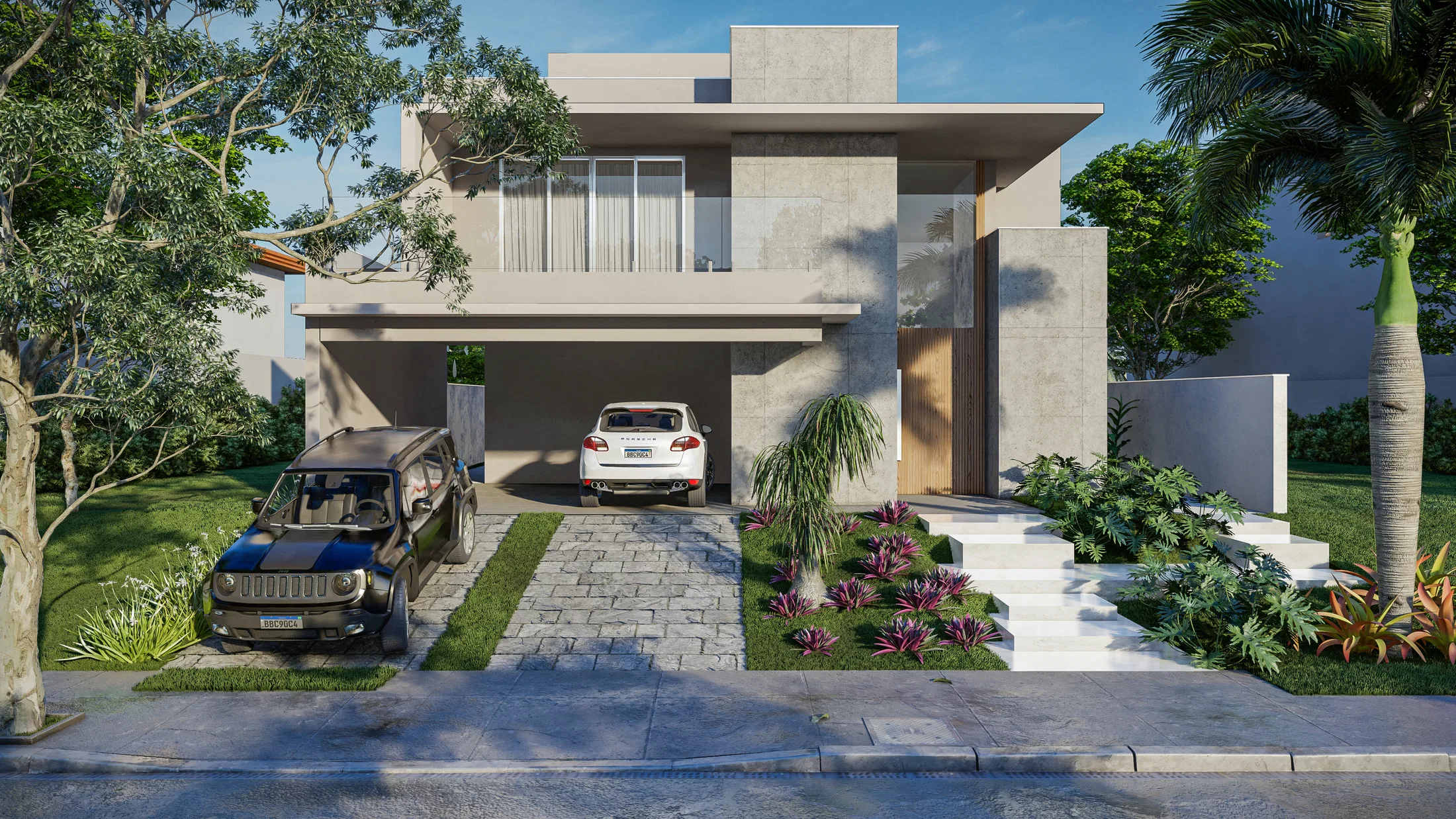 Facade of a contemporary concrete house with a covered garage, two vehicles and an entrance garden with burgundy-toned foliage