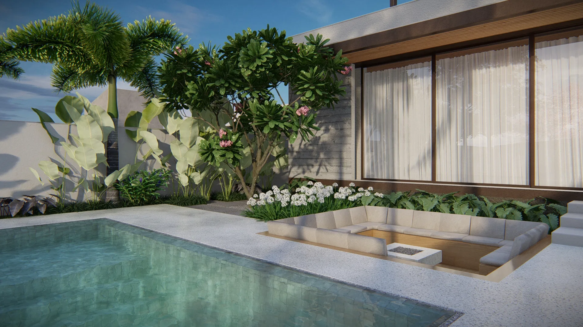 Architectural visualization of Horizontal Single-Story Residence with Flowering Ipês and Courtyard Pool — GRON 3D
