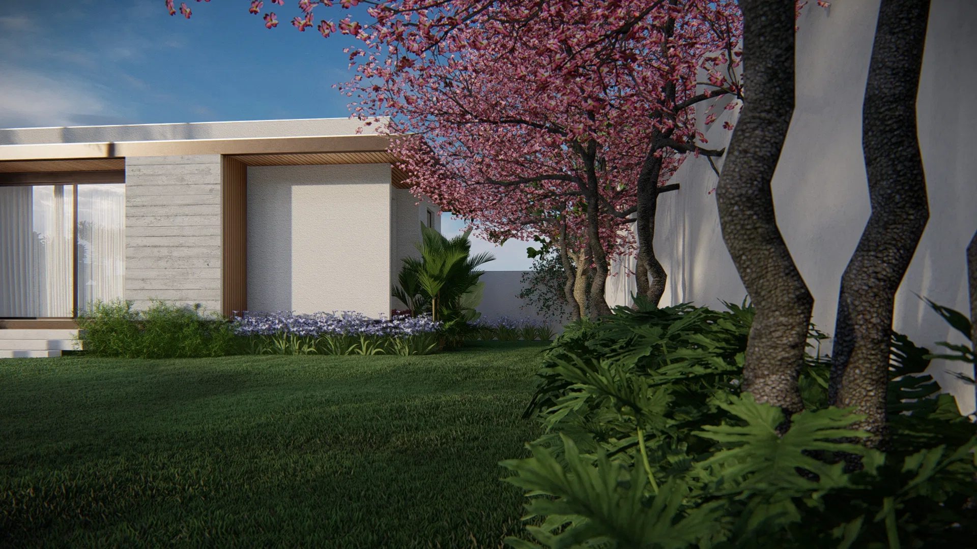 Architectural visualization of Horizontal Single-Story Residence with Flowering Ipês and Courtyard Pool — GRON 3D