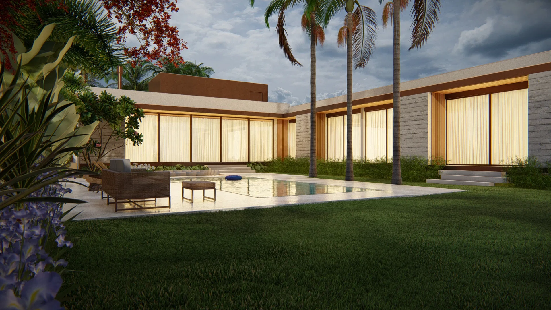 Architectural visualization of Horizontal Single-Story Residence with Flowering Ipês and Courtyard Pool — GRON 3D