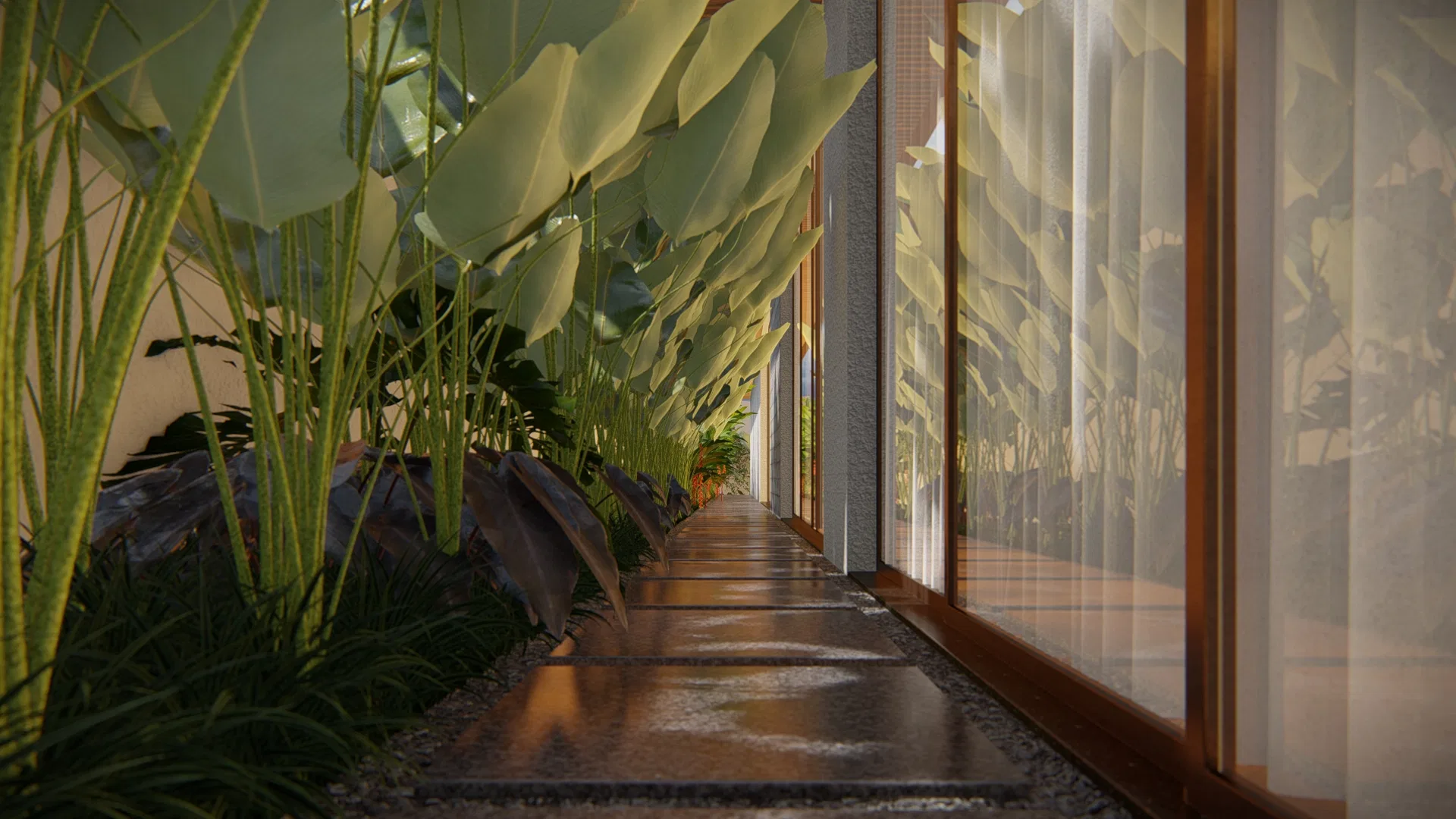 Architectural visualization of Horizontal Single-Story Residence with Flowering Ipês and Courtyard Pool — GRON 3D