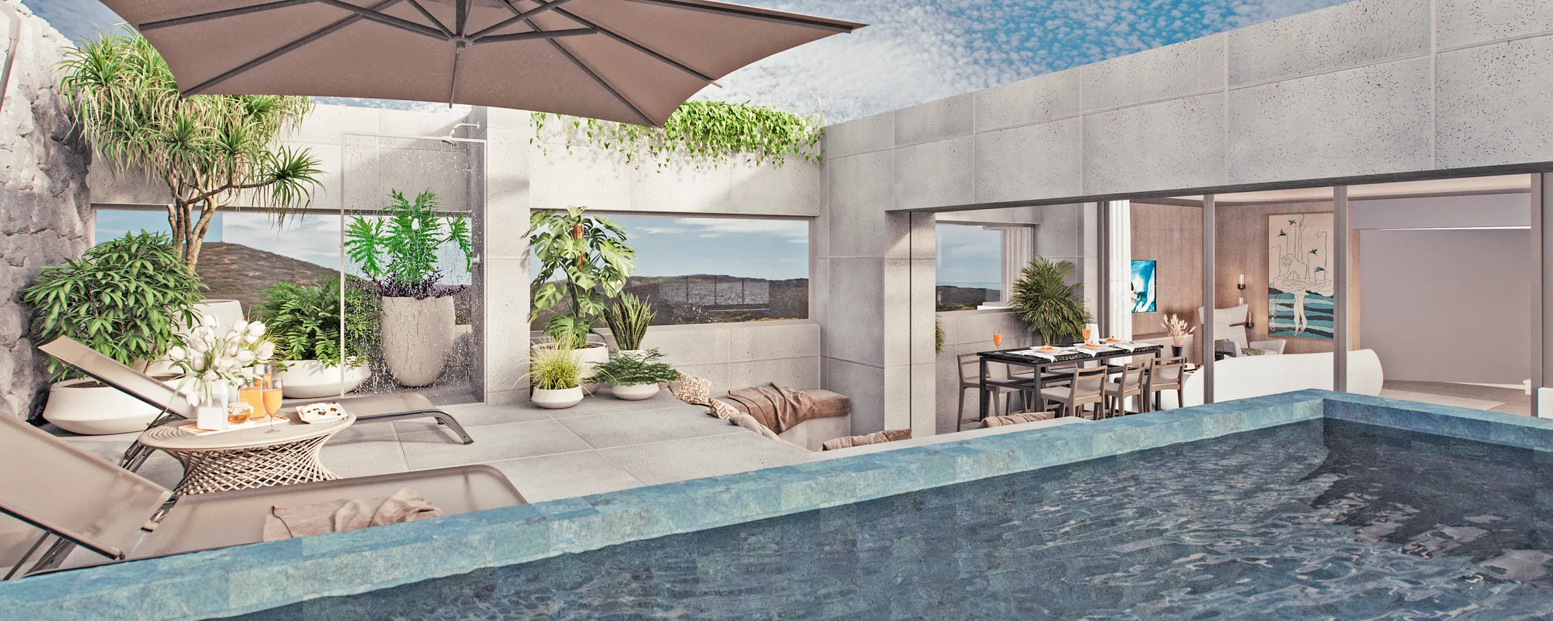 L-shaped pool with sun loungers and a parasol, potted trees and an outdoor dining table beside the living room's glass doors.