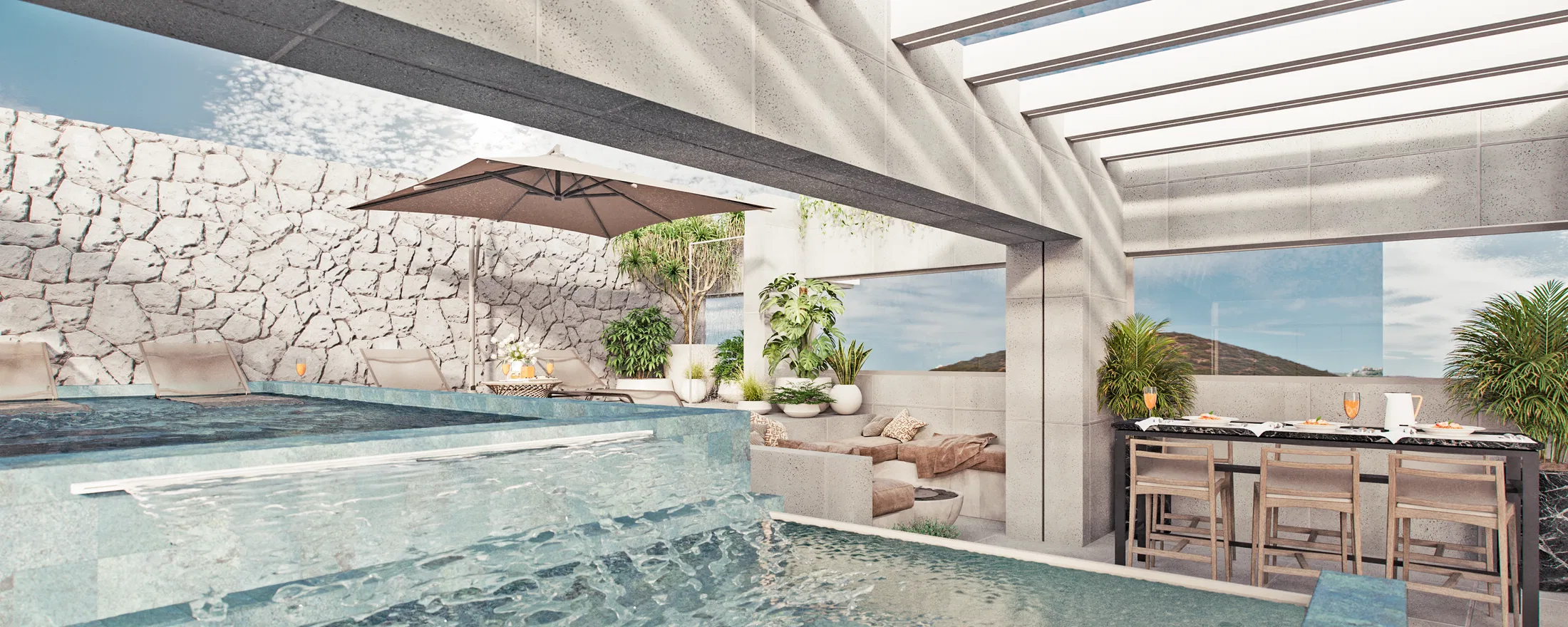Green-tiled pool under a pergola, with a lounge sofa, potted plants and a bar counter with high stools beside concrete walls.