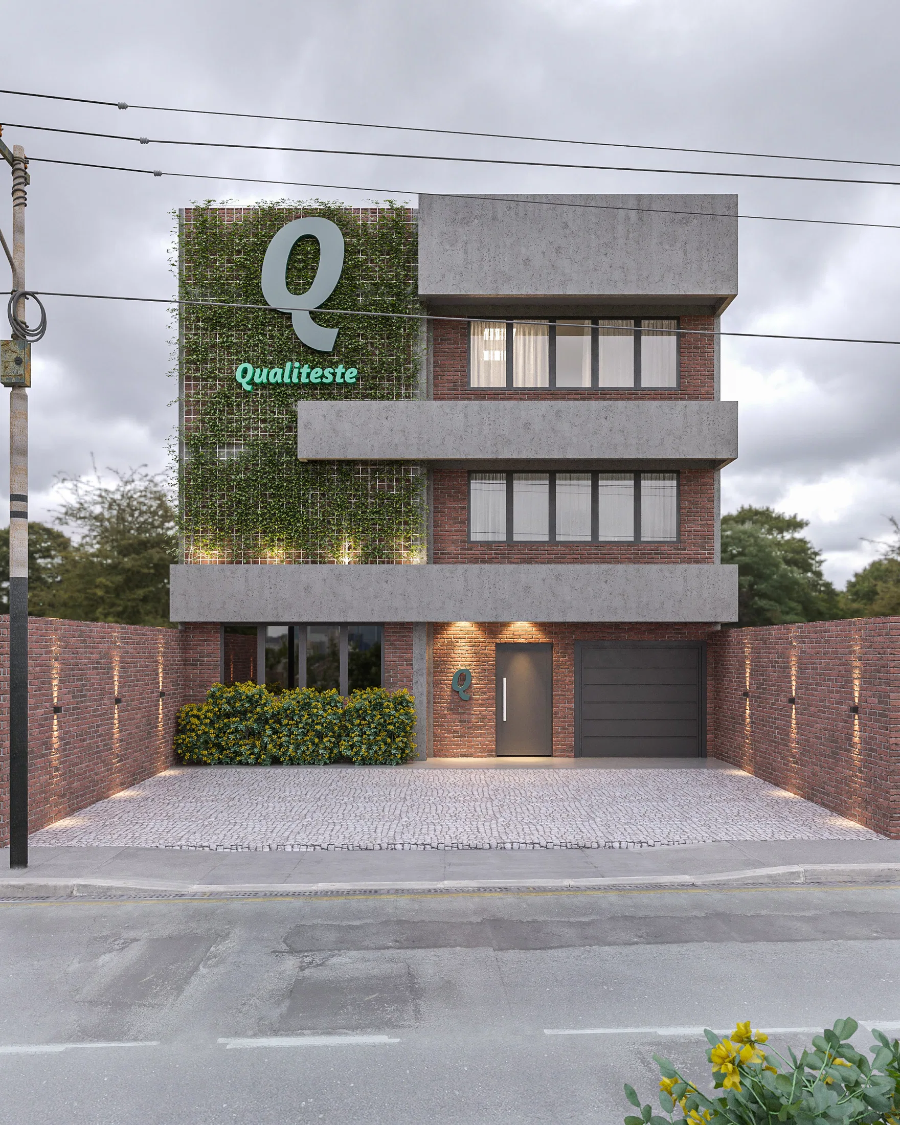 Front elevation of a three-storey commercial building with a living wall, Qualiteste logo and paved forecourt under an overcast sky.