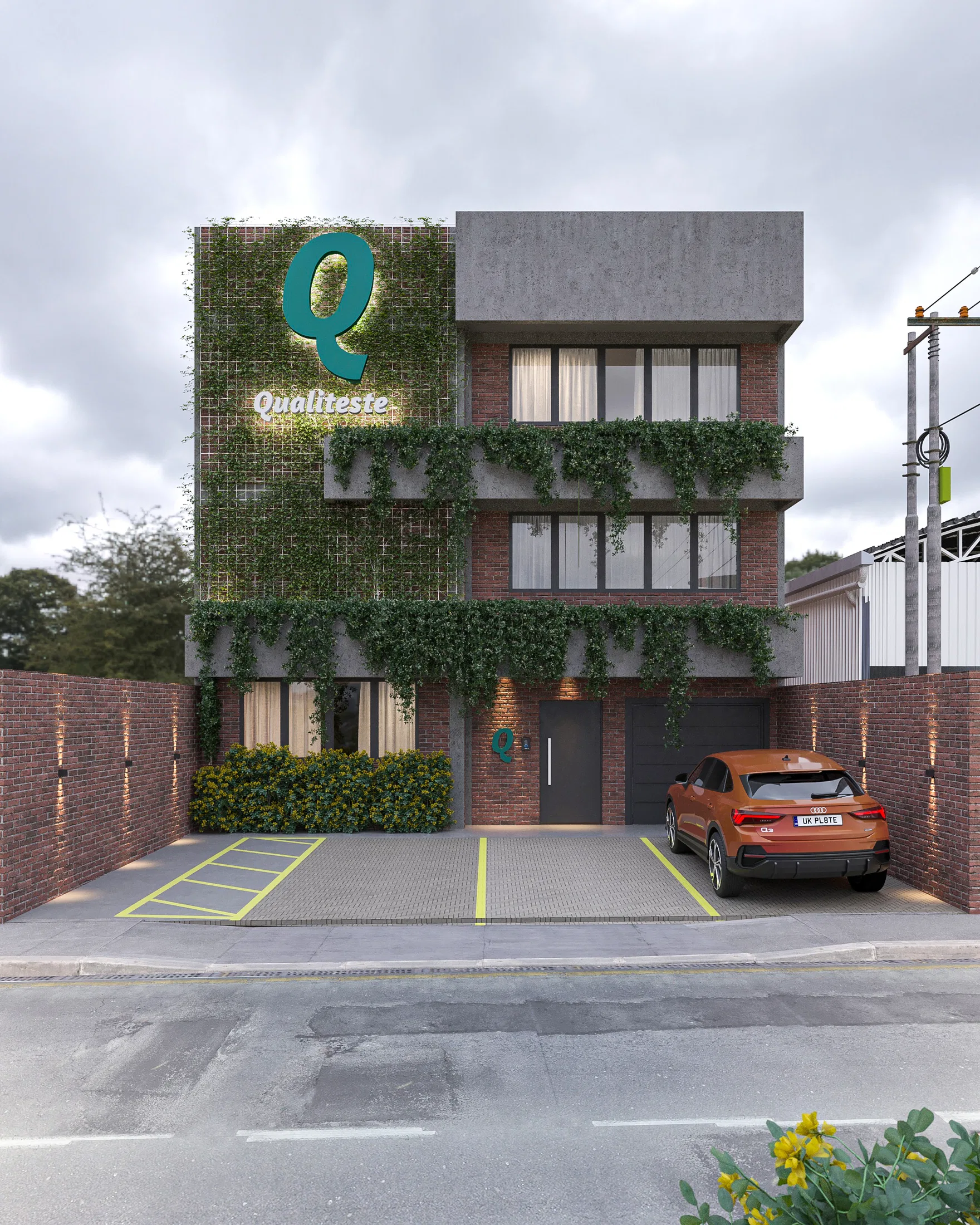 The same façade with ivy trailing over the balconies and an SUV parked in a bay marked by yellow lines.